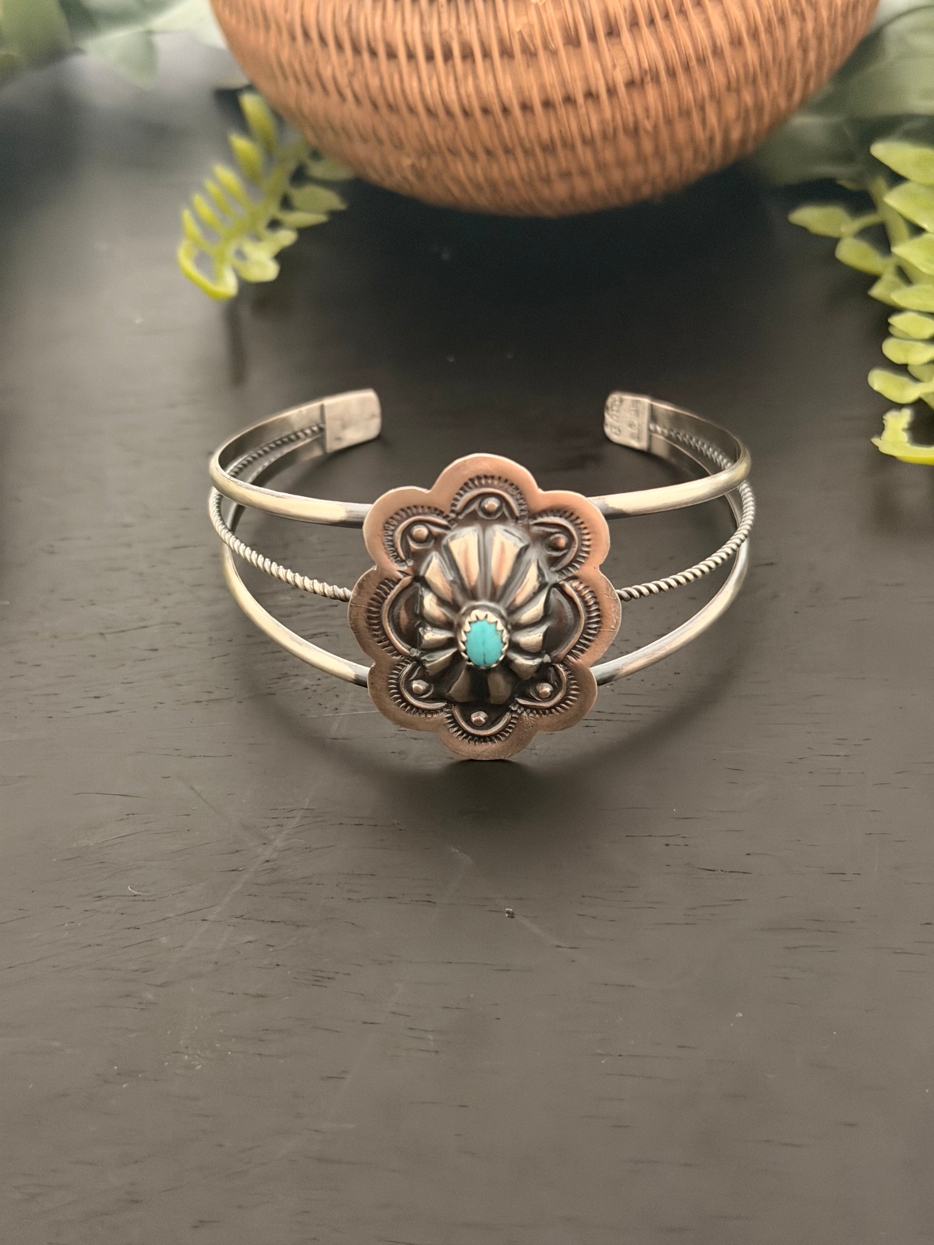 Lavina Benally Kingman Turquoise & Sterling Silver Concho Cuff Bracelet
