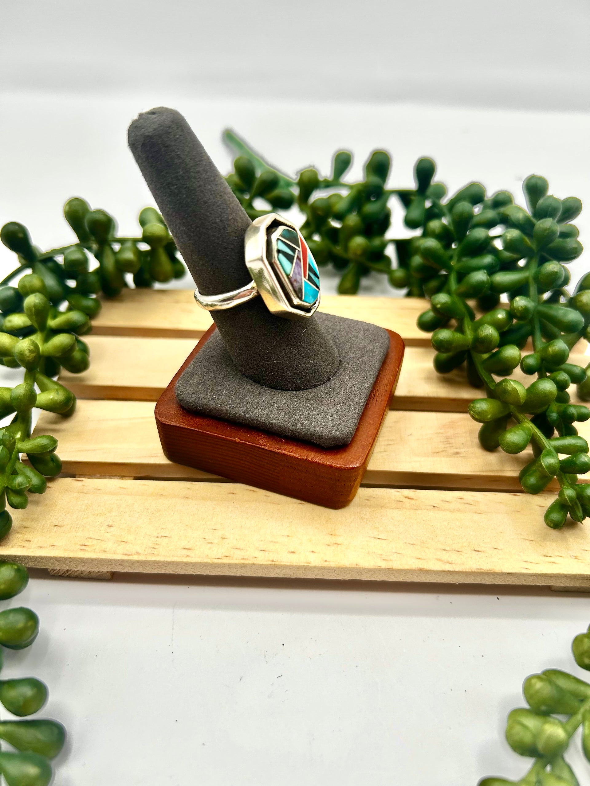 Old Pawn Navajo Made Multi Stone & Sterling Silver Ring Size 8.25