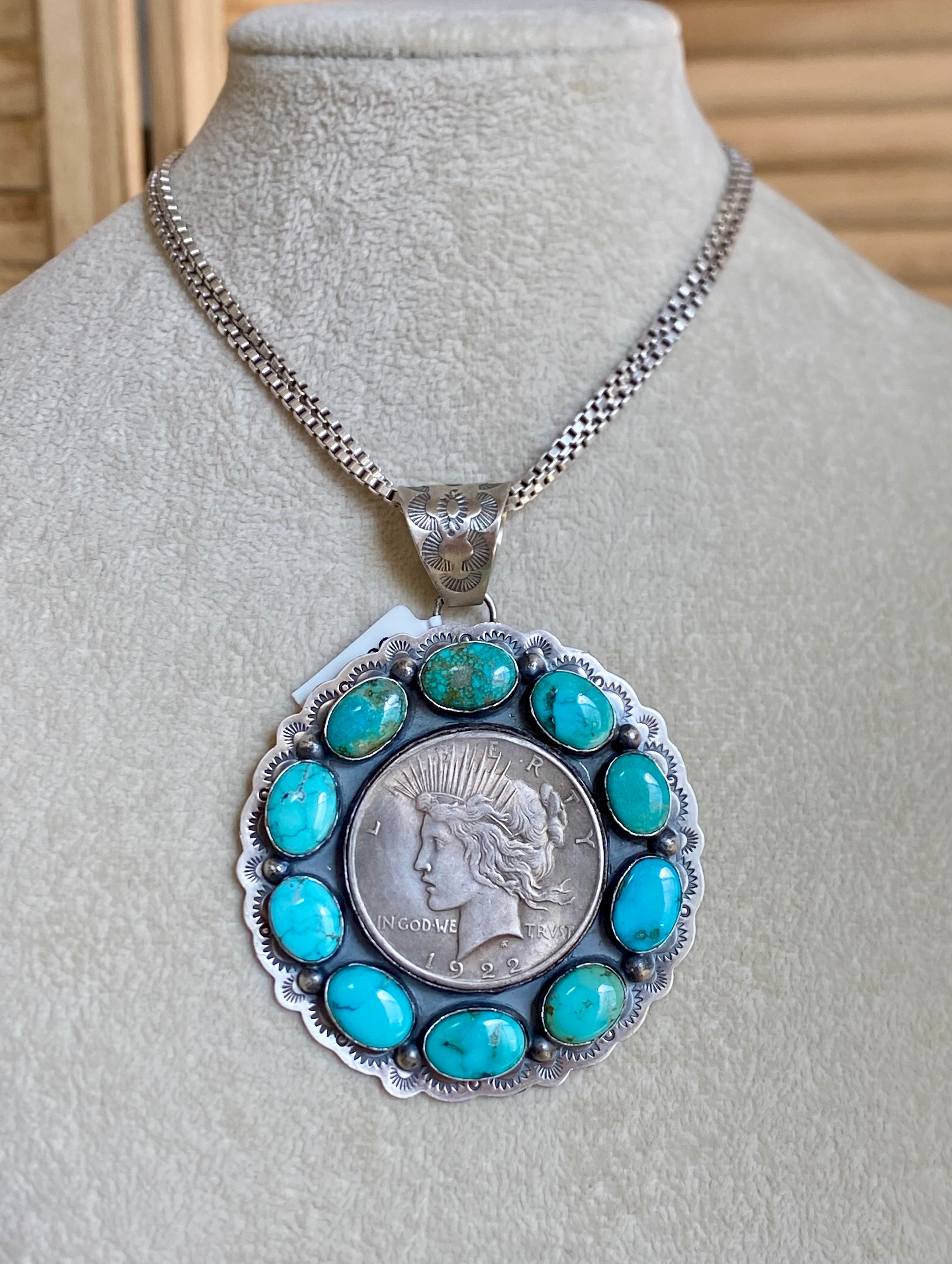 Navajo Made Kingman Turquoise & Sterling Silver 1922 Silver Dollar PENDANT ONLY