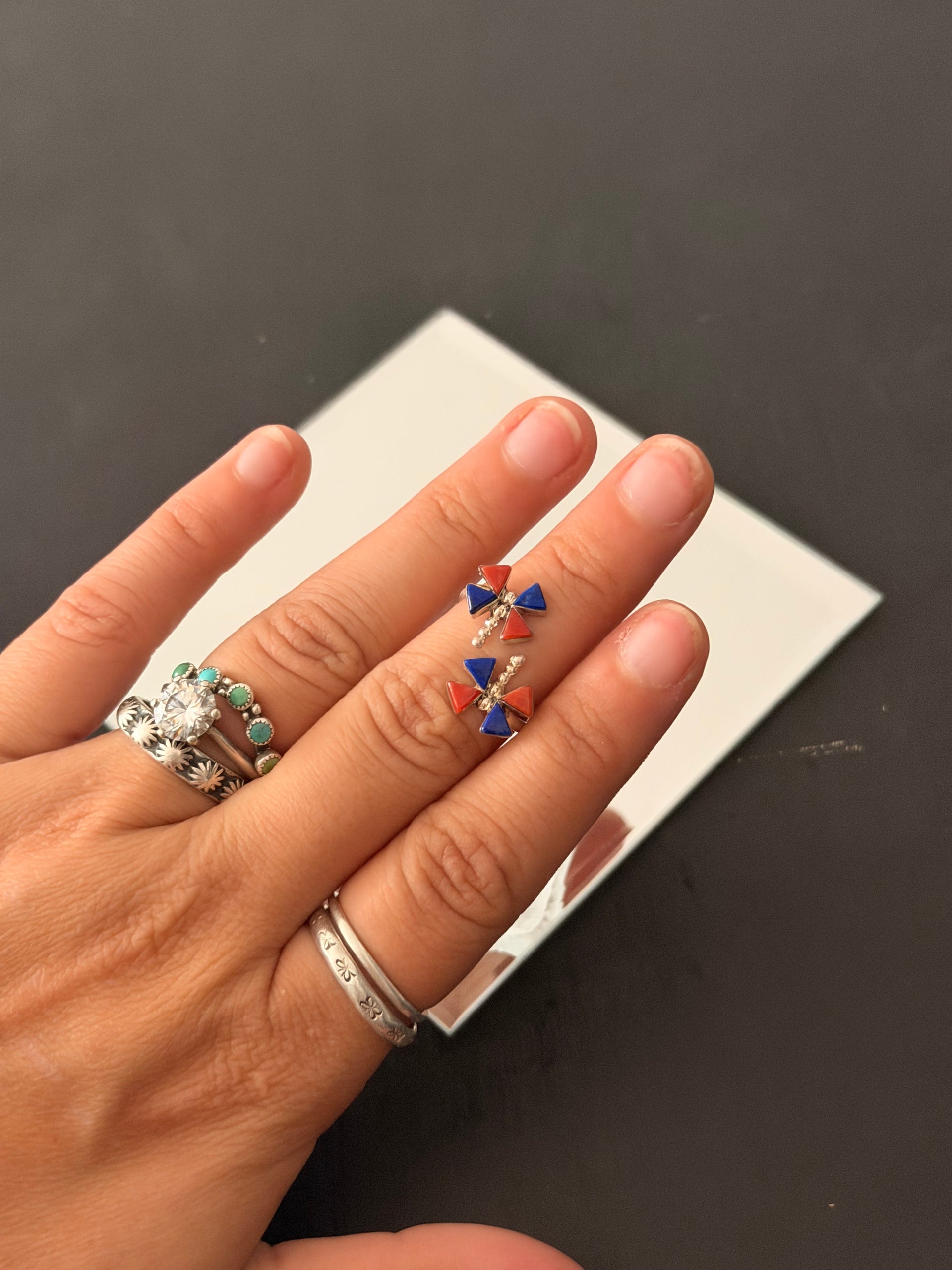 Zuni Made Multi Stone & Sterling Silver Adjustable Dragonfly Ring