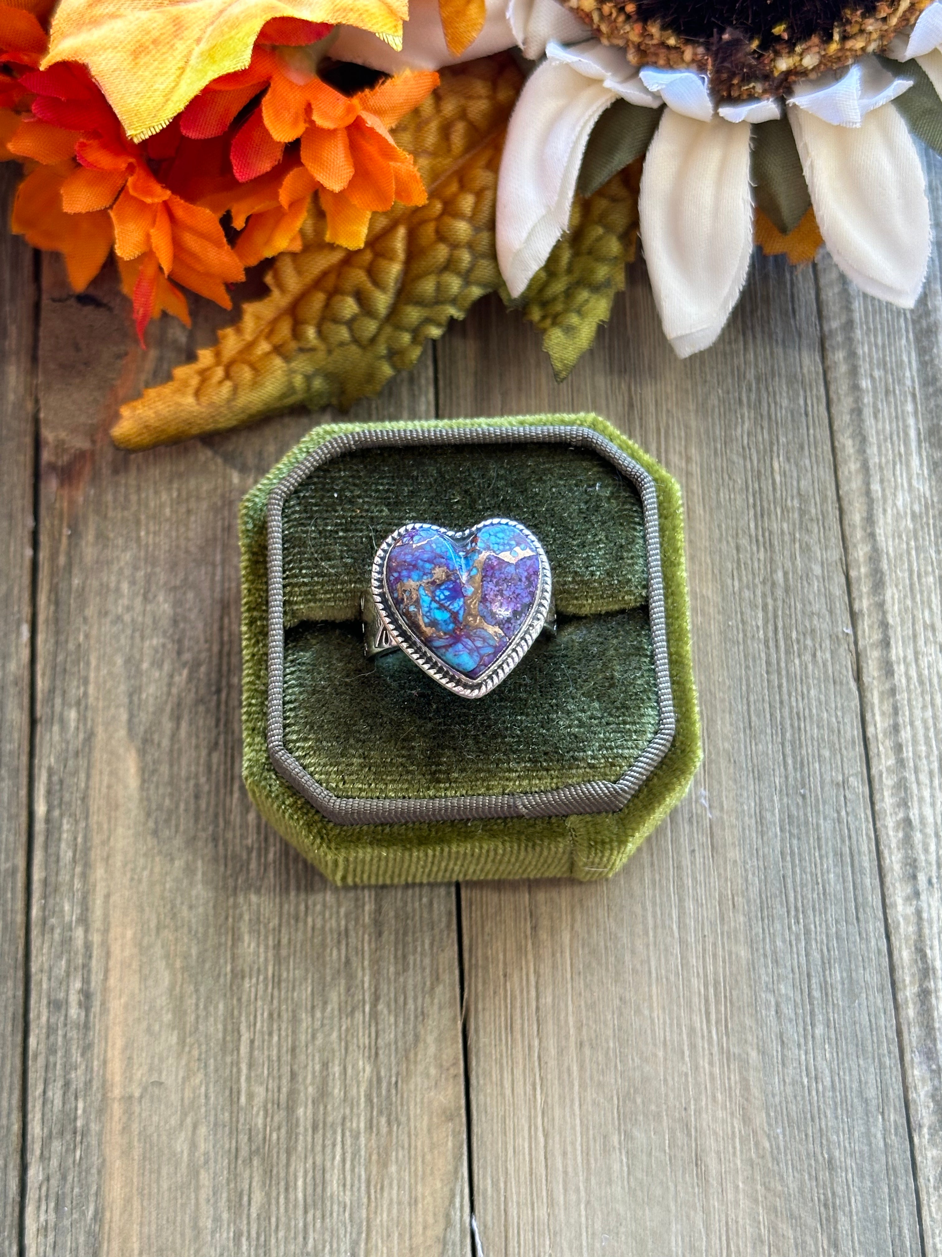 Southwest Handmade Mohave Turquoise & Sterling Silver Adjustable Heart Ring