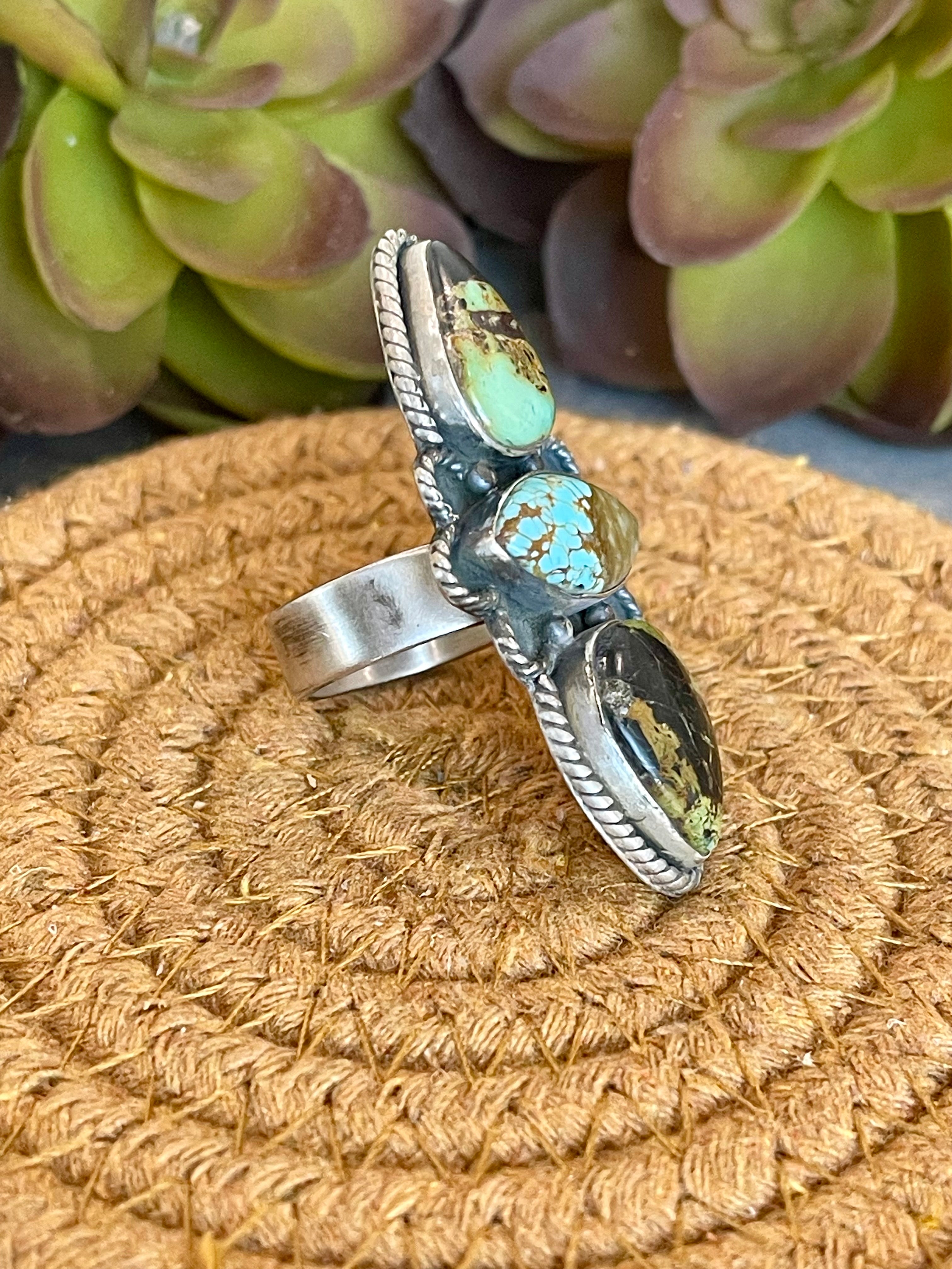 Southwest Handmade Black Jack And Number 8 Turquoise & Sterling Silver Adjustable Ring