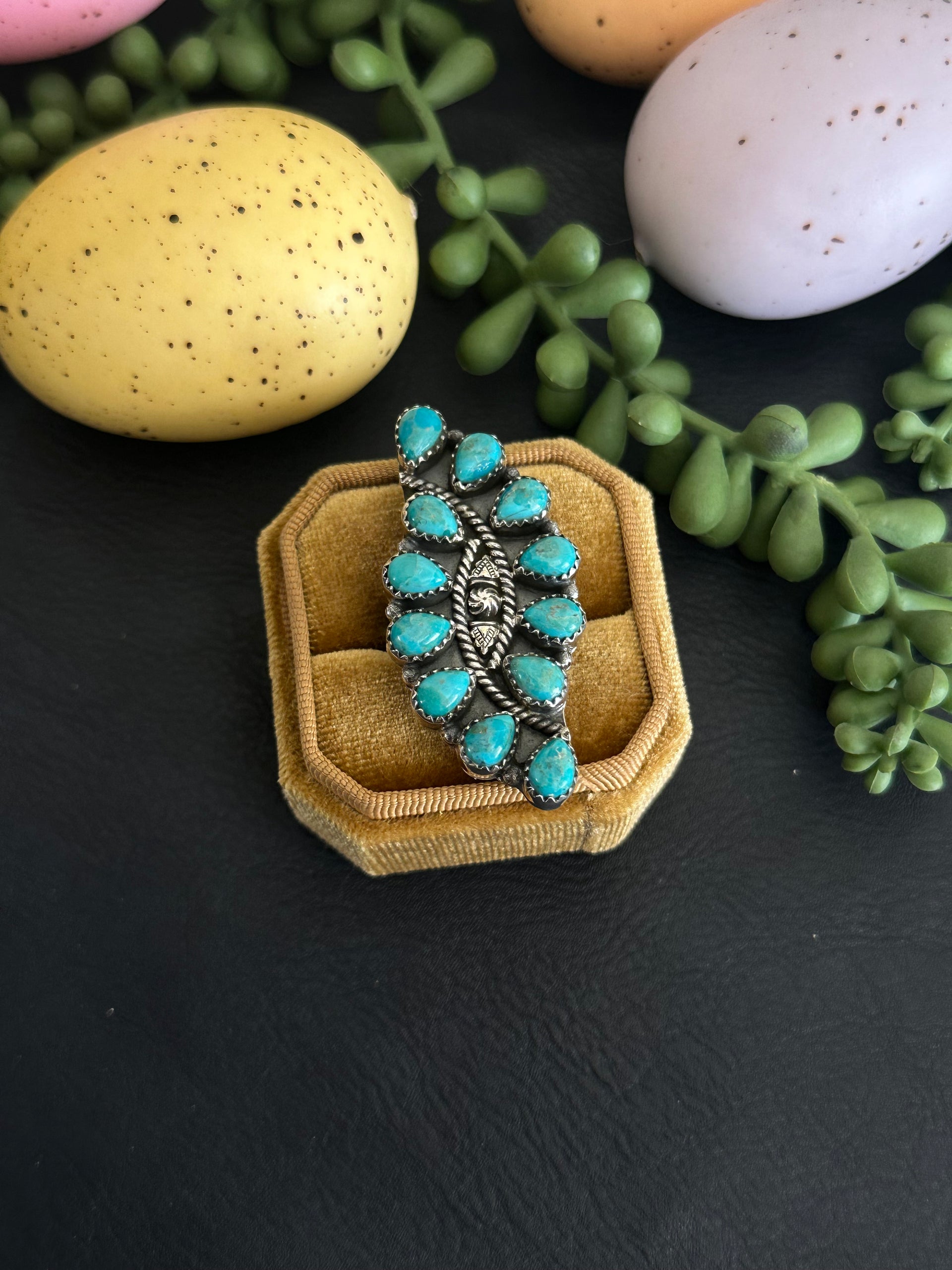 TTD “Twin Flame” Kingman Turquoise & Sterling Silver Adjustable Cluster Ring