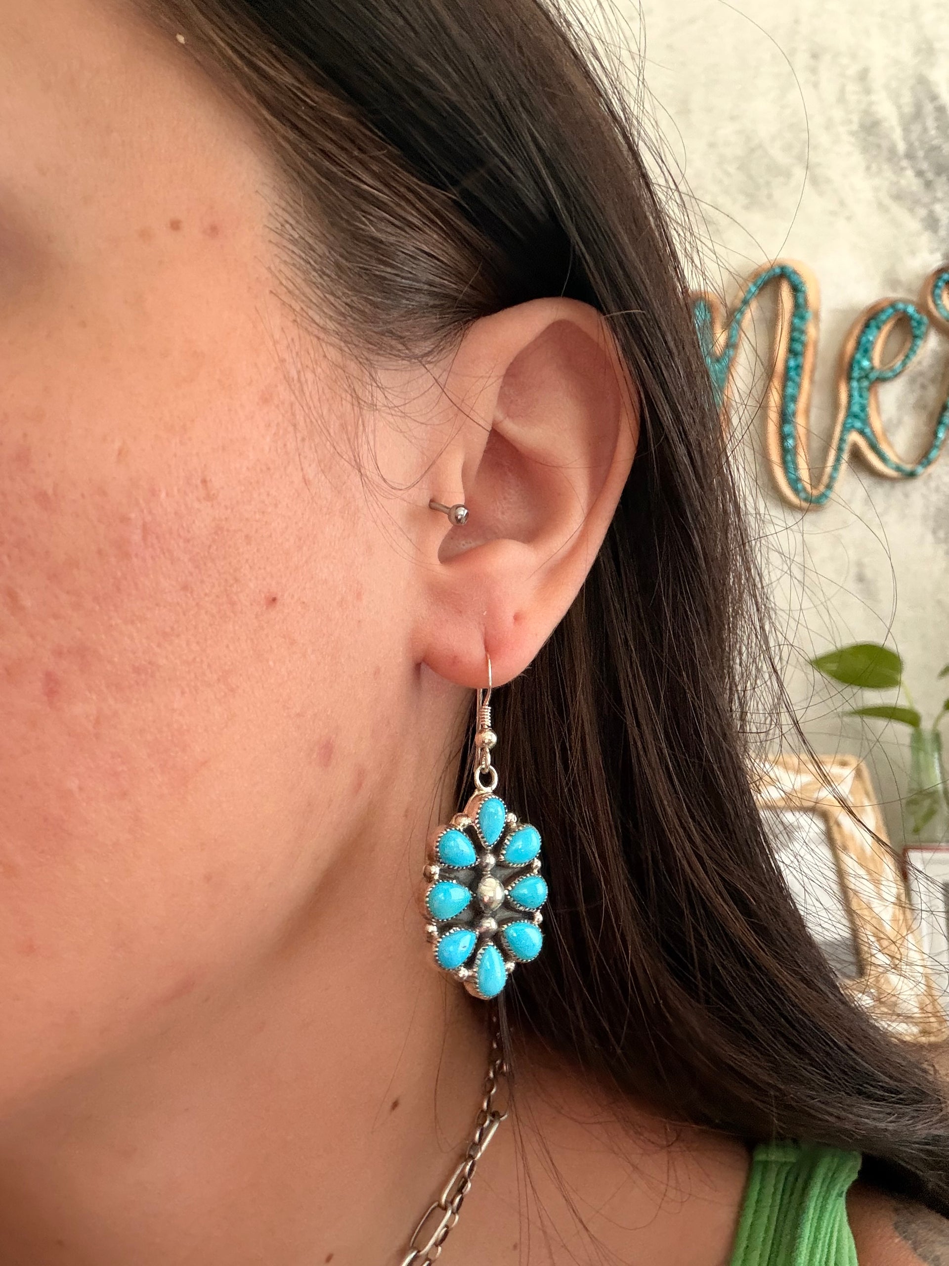 Navajo Made Sleeping Beauty Turquoise & Sterling Silver Dangle Cluster Earrings