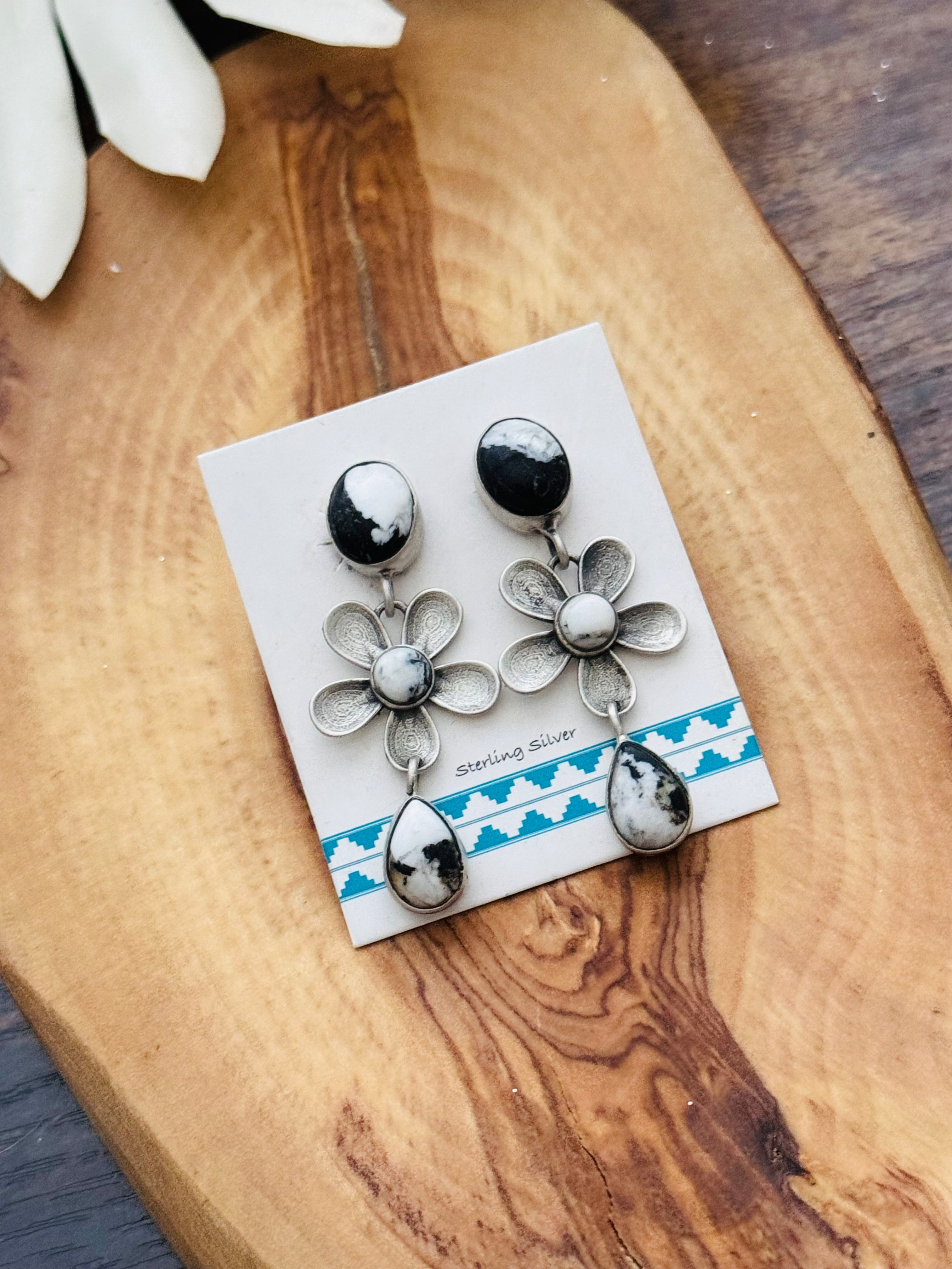 Southwest Handmade White Buffalo & Sterling Silver Post Dangle Flower Earrings