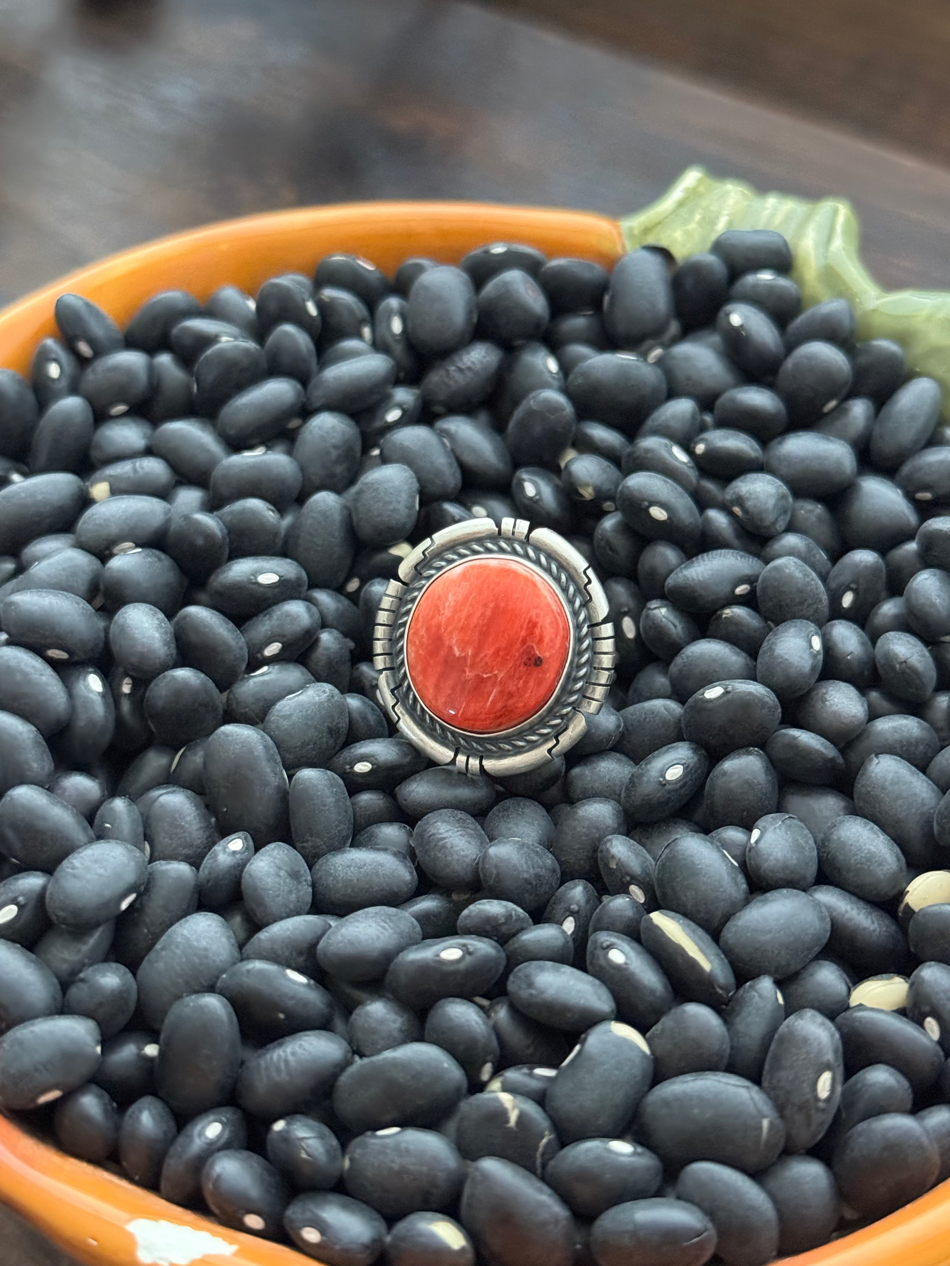 Dave Skeets Red Spiny Oyster & Sterling Silver Ring Size 7.75