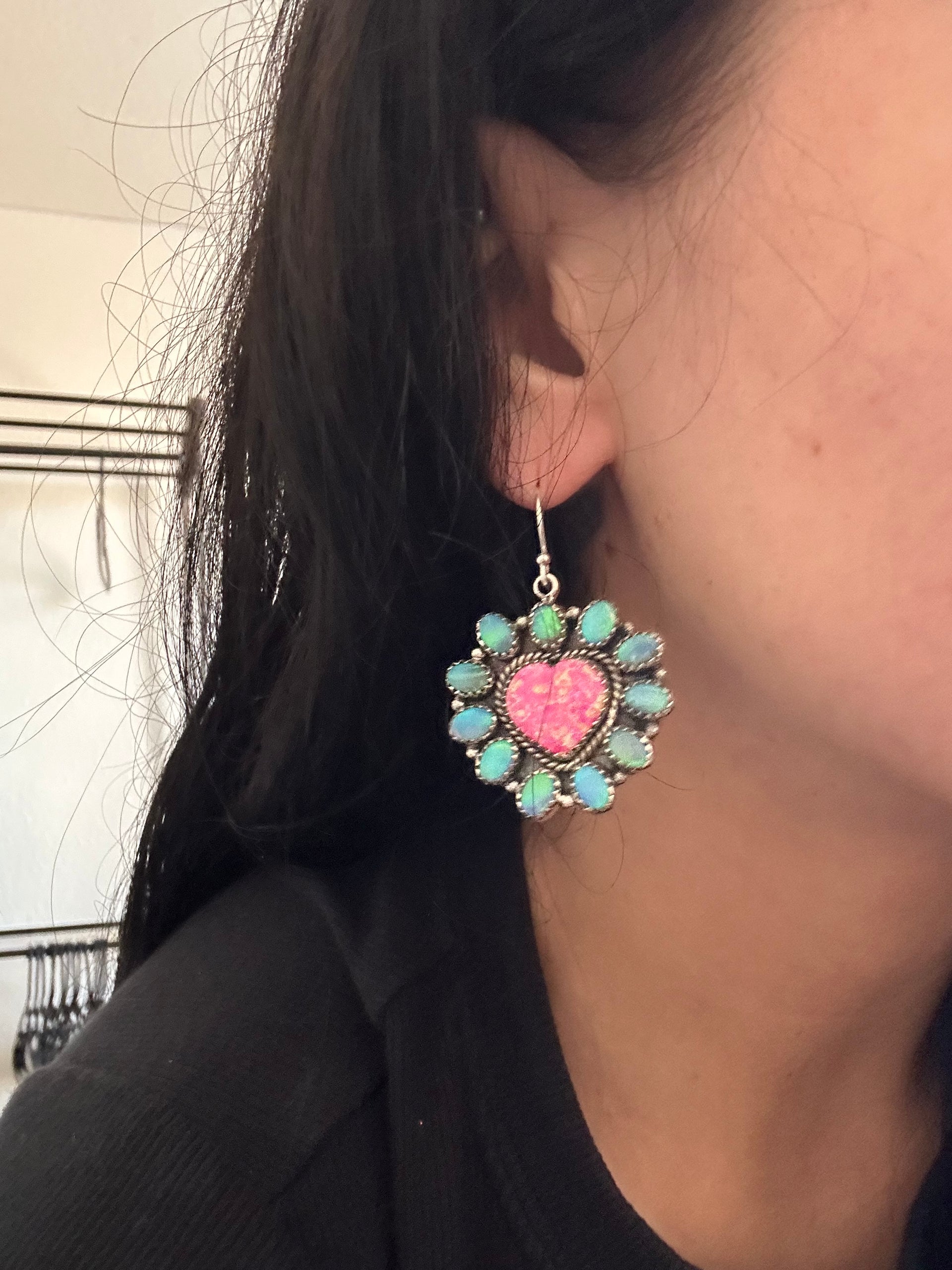 Southwest Handmade Opal & Sterling Silver Dangle Cluster Heart Earrings