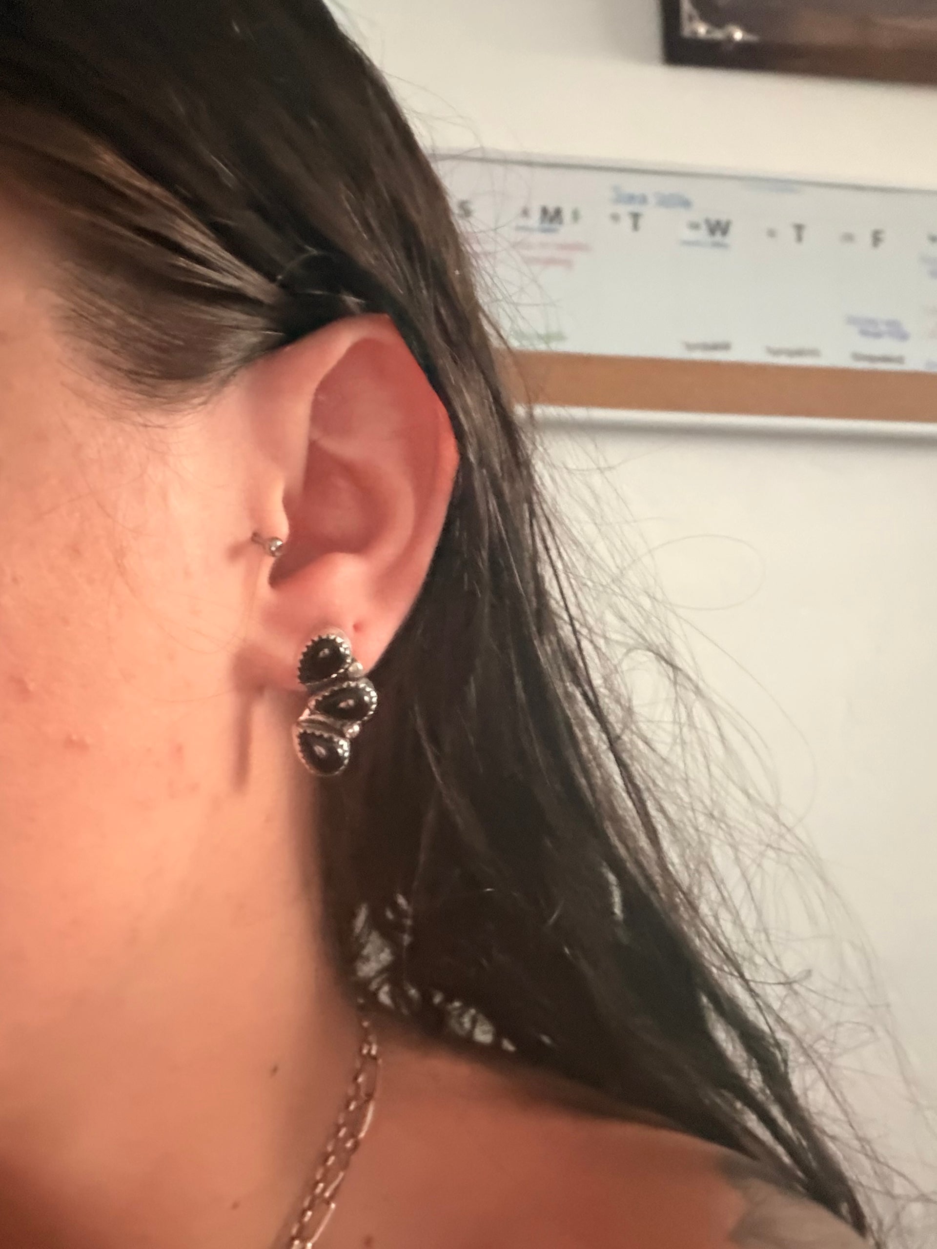 Navajo Made Onyx & Sterling Silver Post Dangle Cluster Earrings