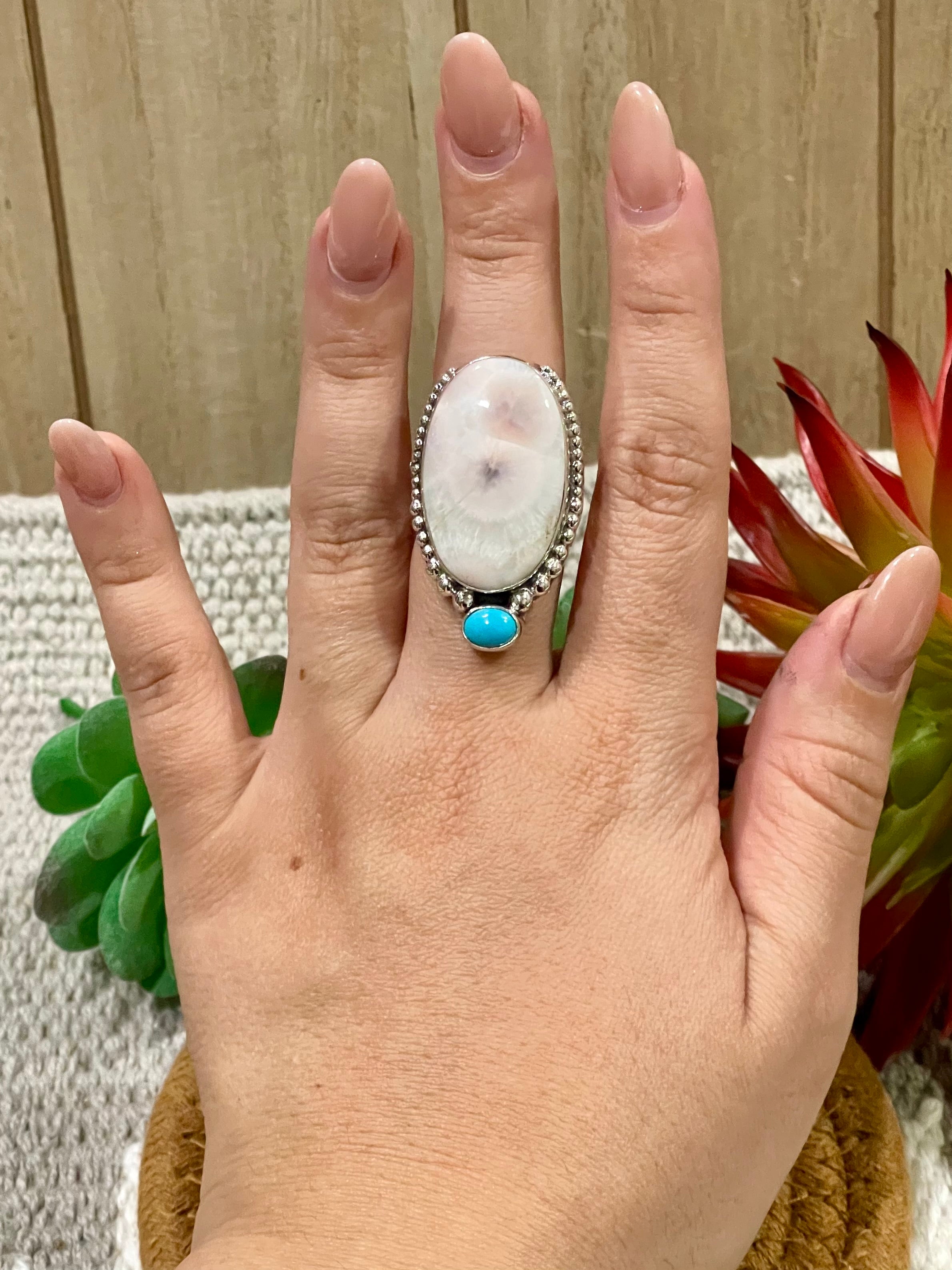 Southwest Handmade Pink Larimar With Kingman Turquoise & Sterling Silver Adjustable Ring