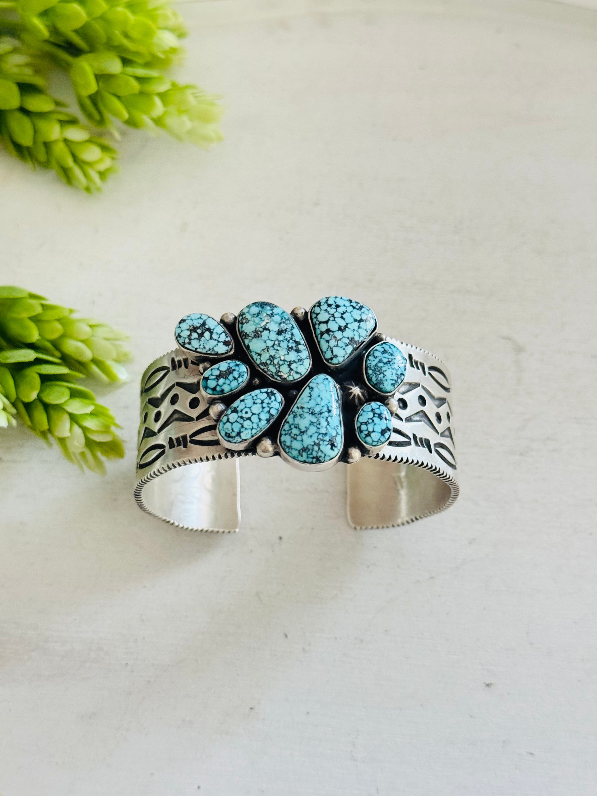 Charles Johnson High Grade Black Spiderweb Turquoise & Sterling Silver Cluster Cuff Bracelet