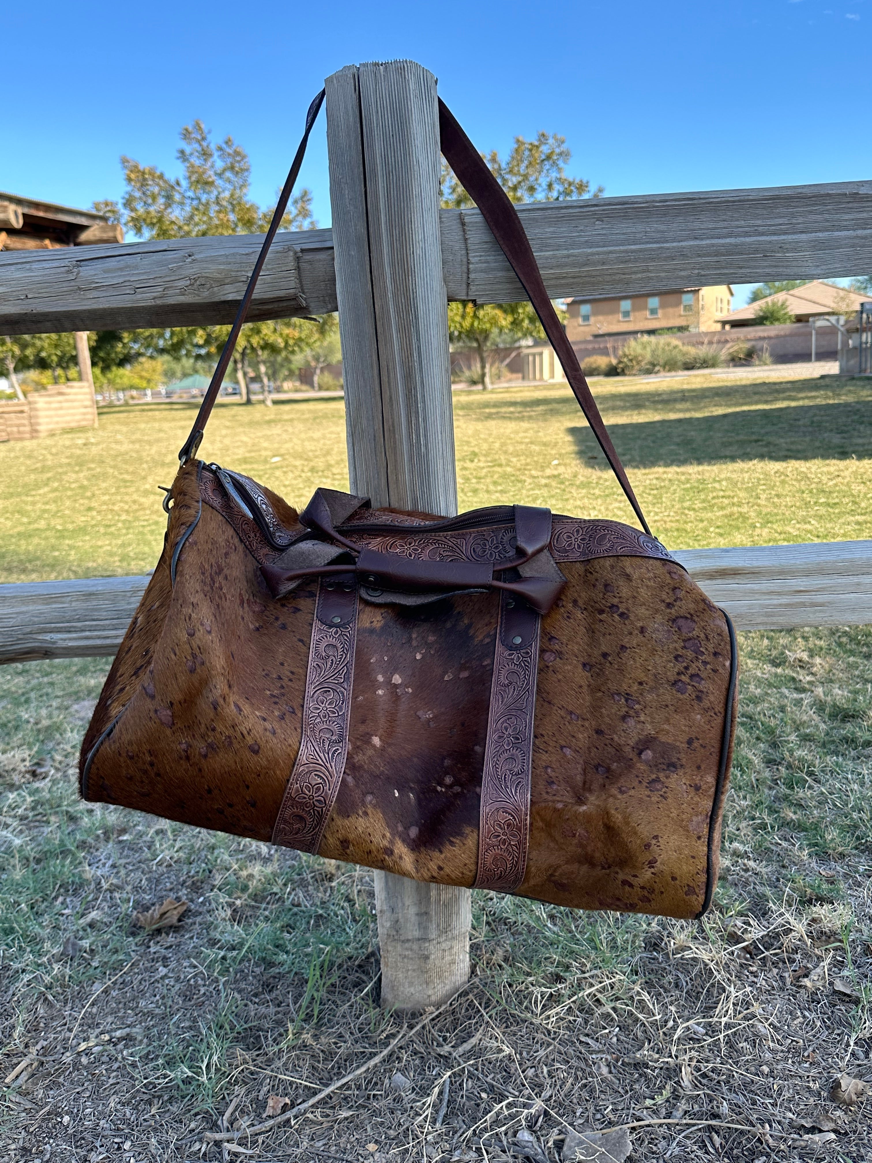 Genuine Tooled Leather Cowhide Duffle Bag