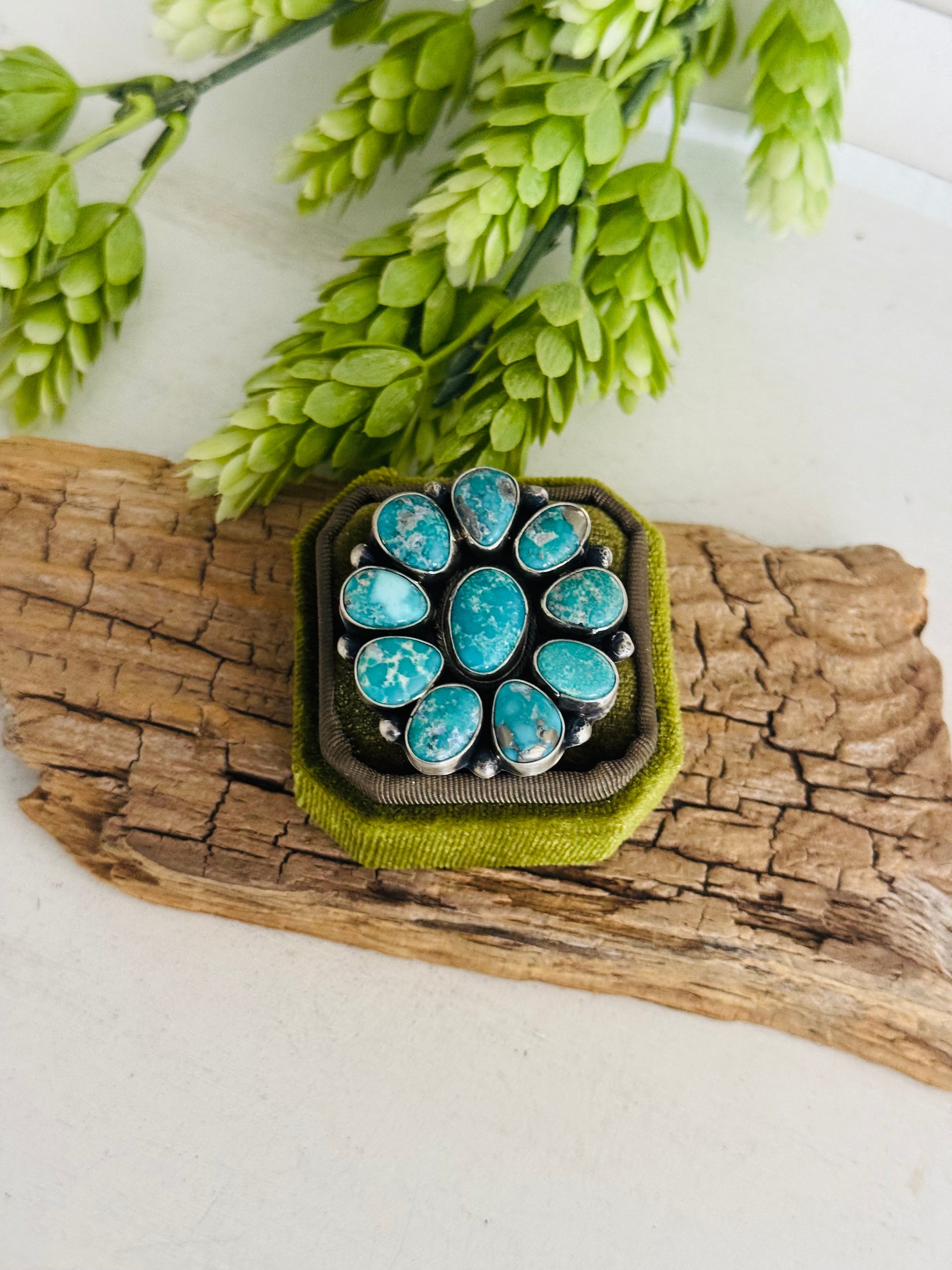 Navajo Made White Water Turquoise & Sterling Silver Cluster Ring Size 9