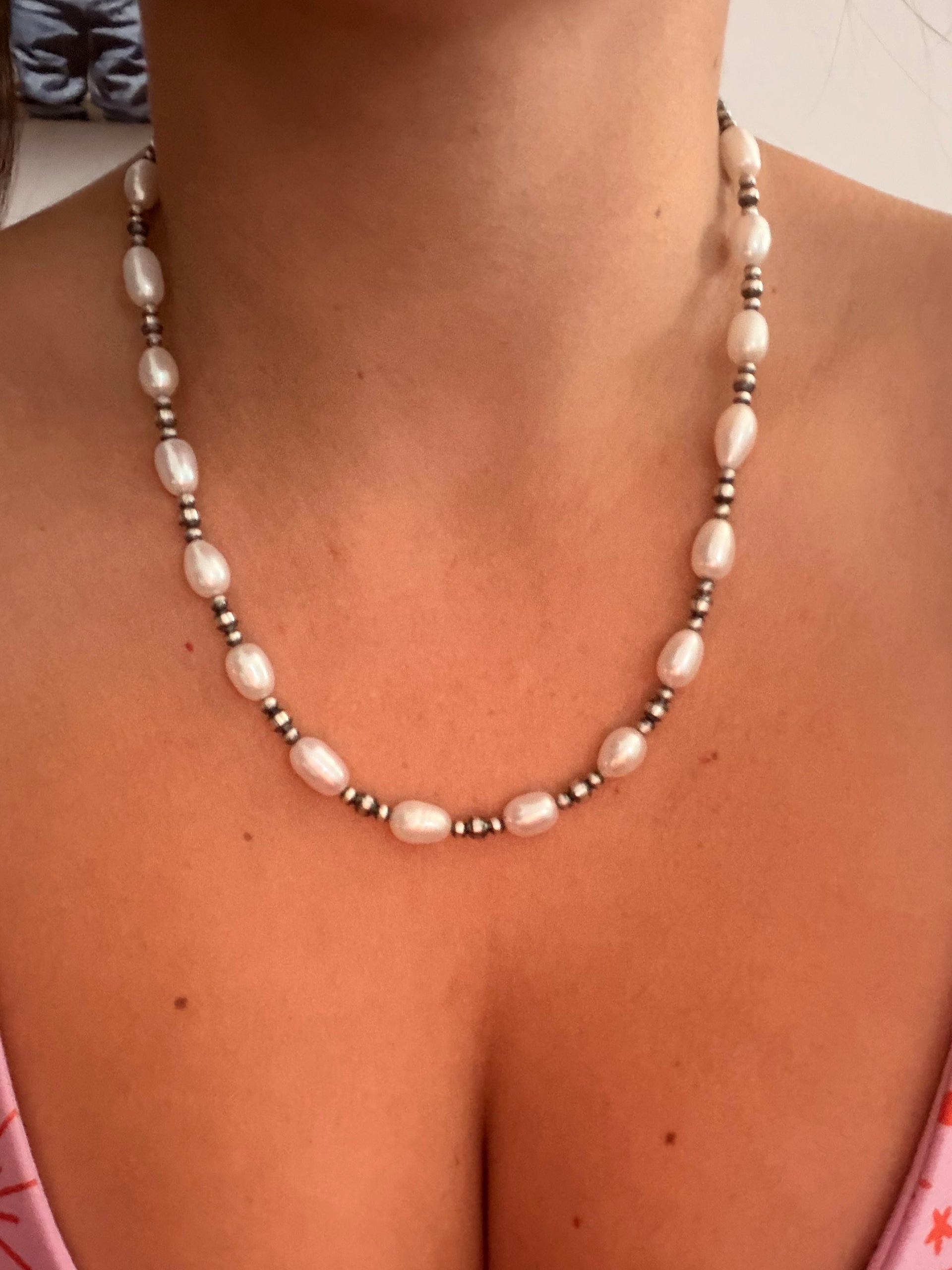 Navajo Strung Fresh Water Pearls & Sterling Silver Necklace