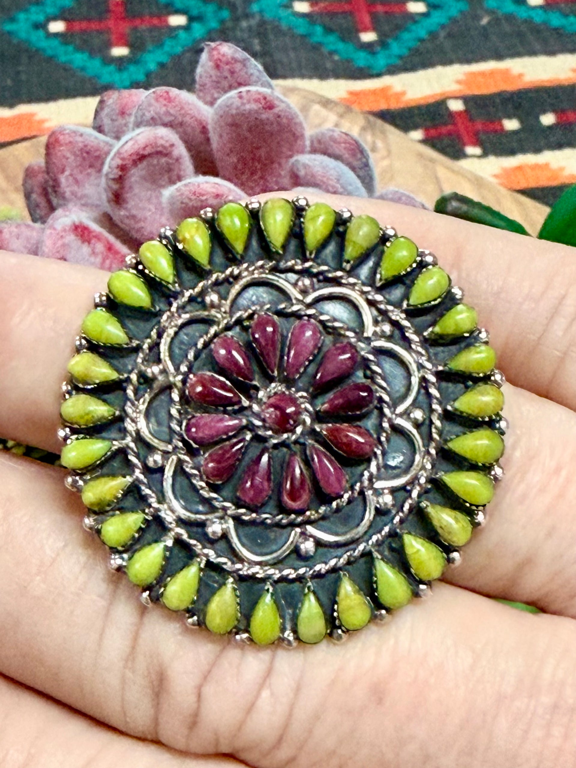 Southwest Handmade Multi Stone & Sterling Silver Ring Size 6.75
