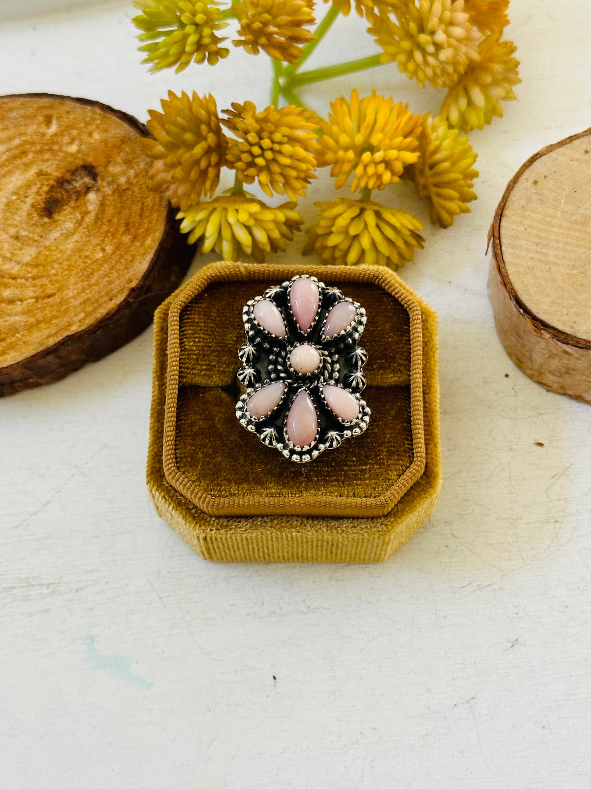 TTD “Sky Cascade” Peruvian Pink Opal & Sterling Silver Adjustable Cluster Ring