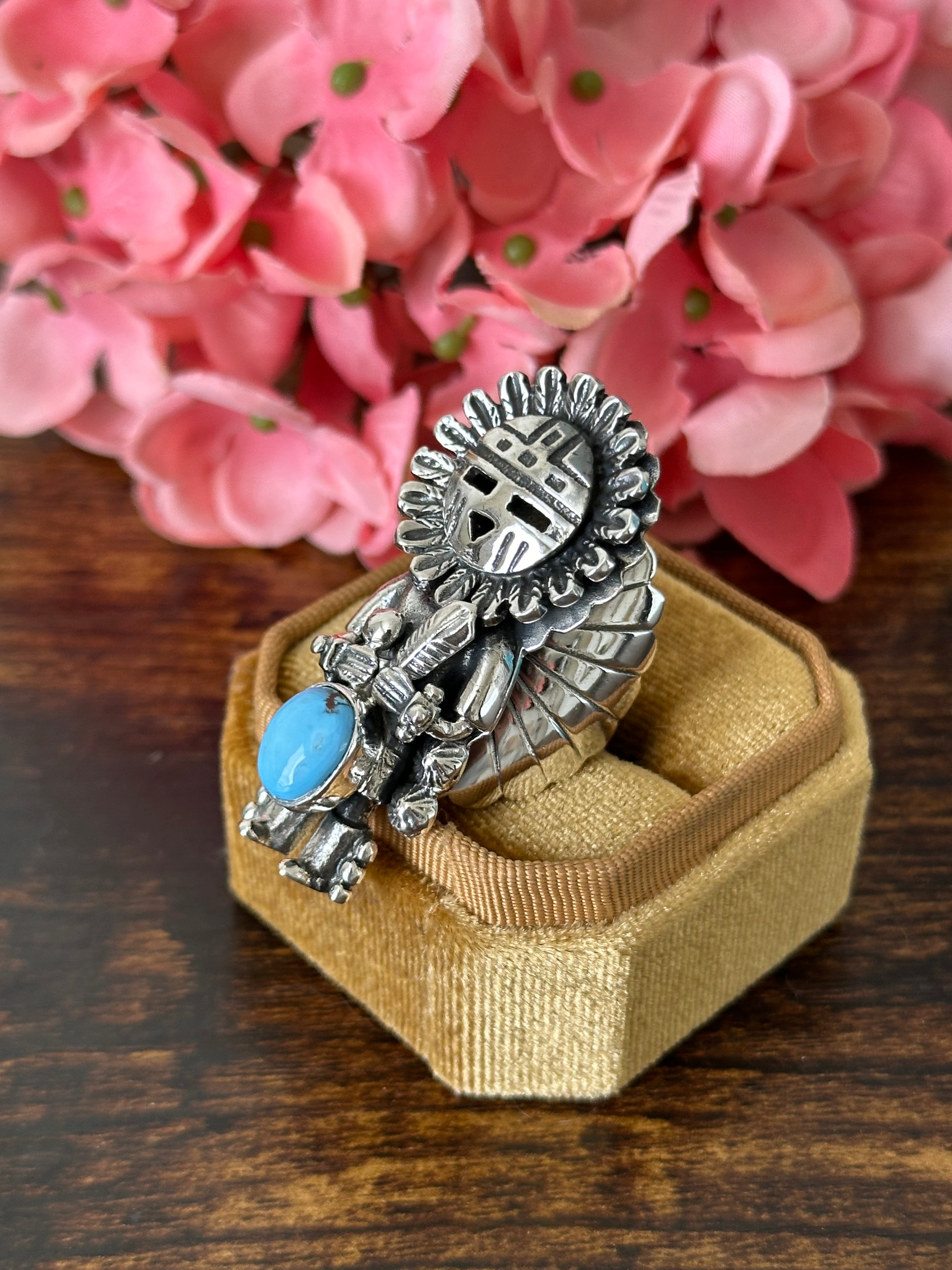 Southwest Handmade Golden Hills Turquoise & Sterling Silver Adjustable Kokopelli Ring