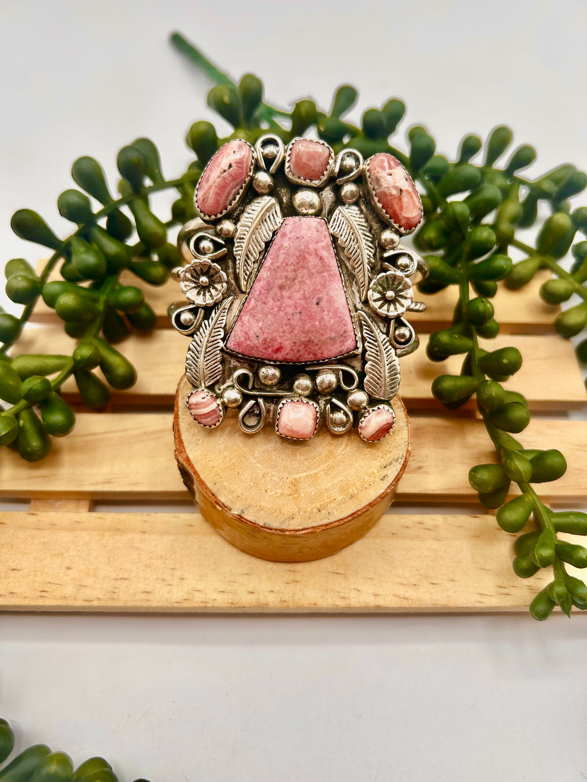 Vintage Navajo Made Rhodochrosite & Sterling Silver Cuff Bracelet