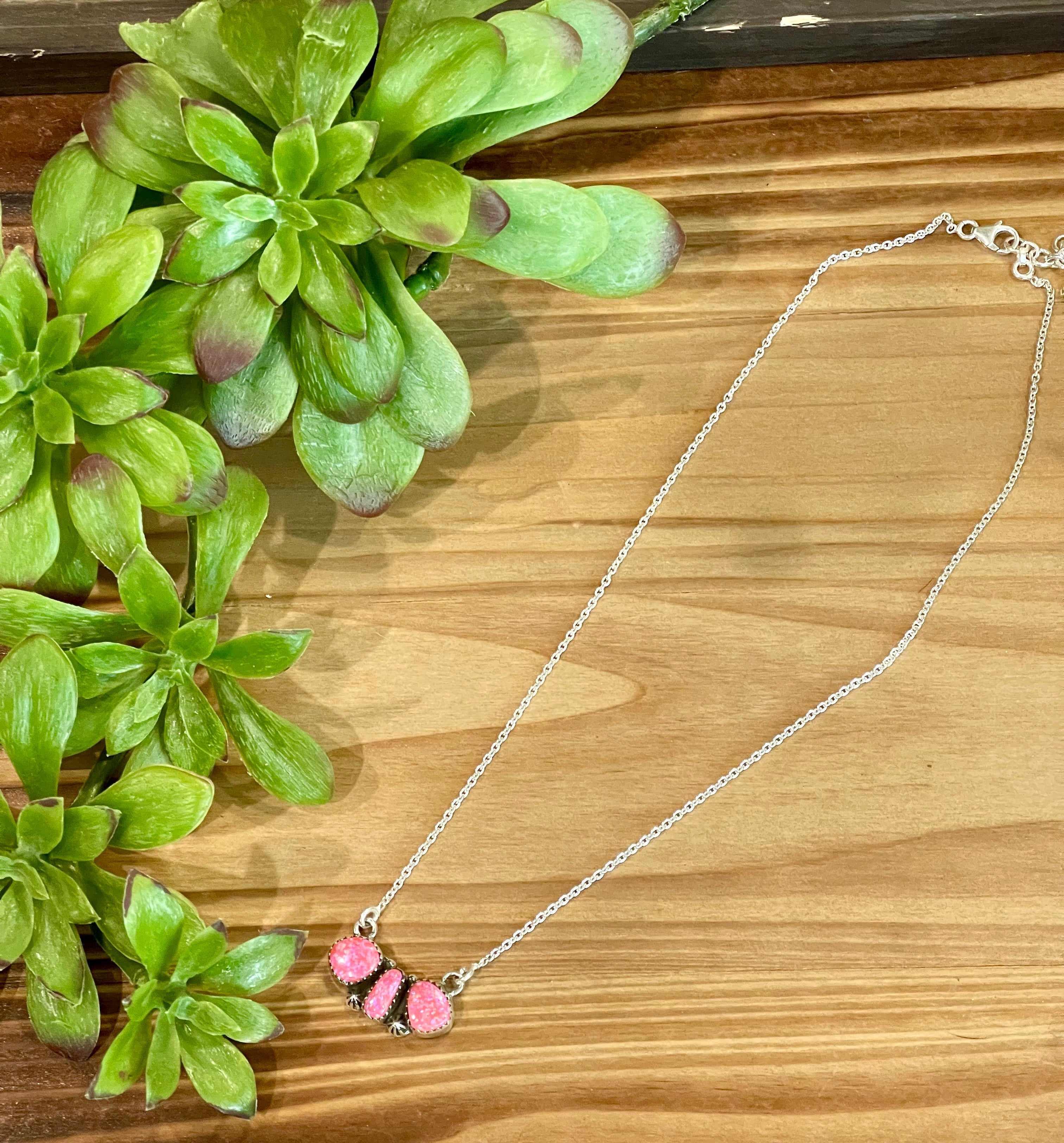 Southwest Handmade Pink Fire Opal & Sterling Silver 3 Stone Necklace