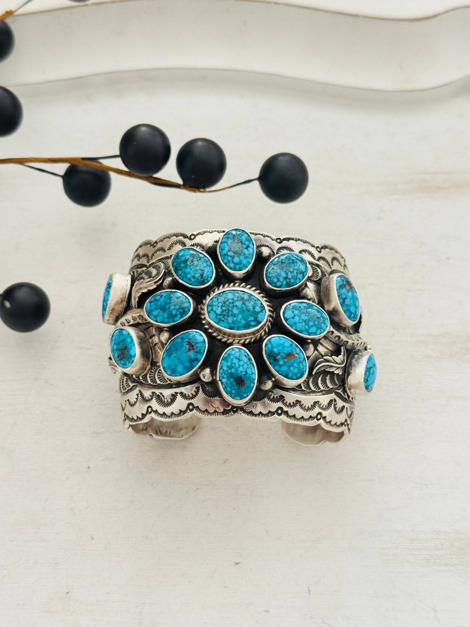 Leroy James Spiderweb Kingman Turquoise  & Sterling Silver Cluster Cuff Bracelet