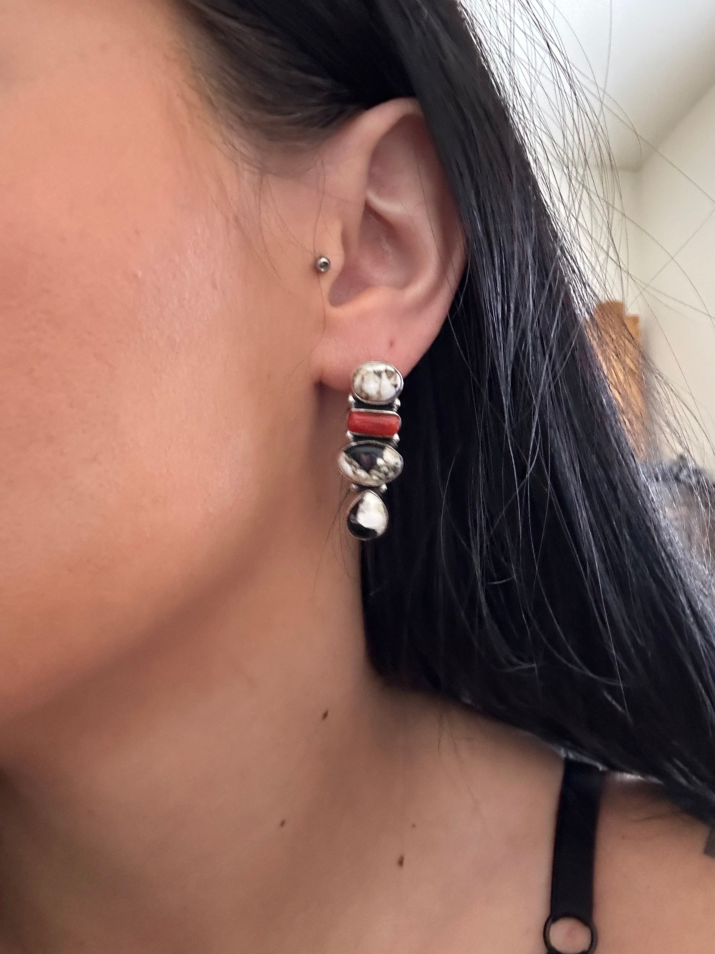 Southwest Handmade Multi Stone & Sterling Silver Post Cluster Dangle Earrings