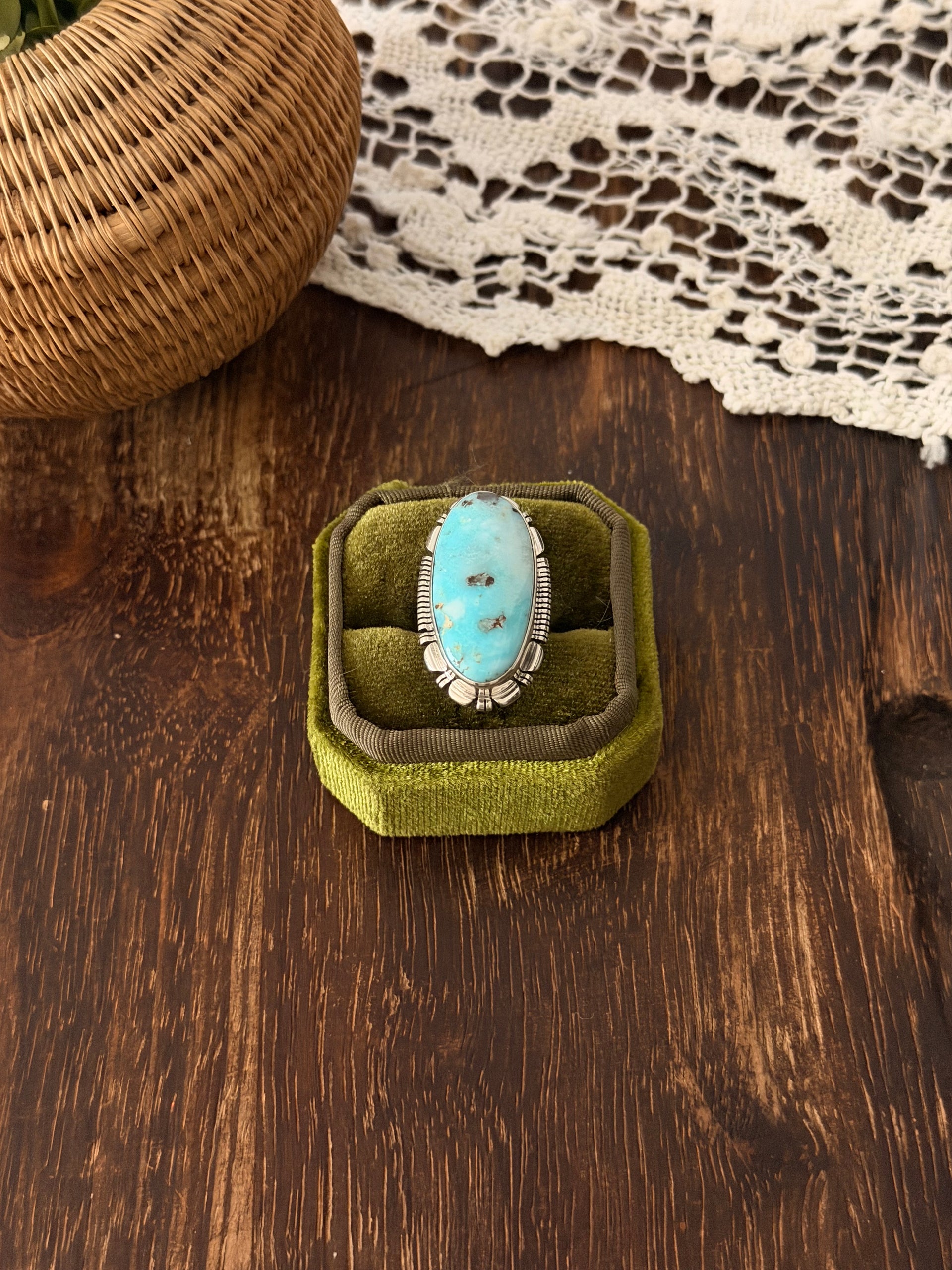 Larry Yazzie Dry Creek Turquoise & Sterling Silver Ring Size 6.75