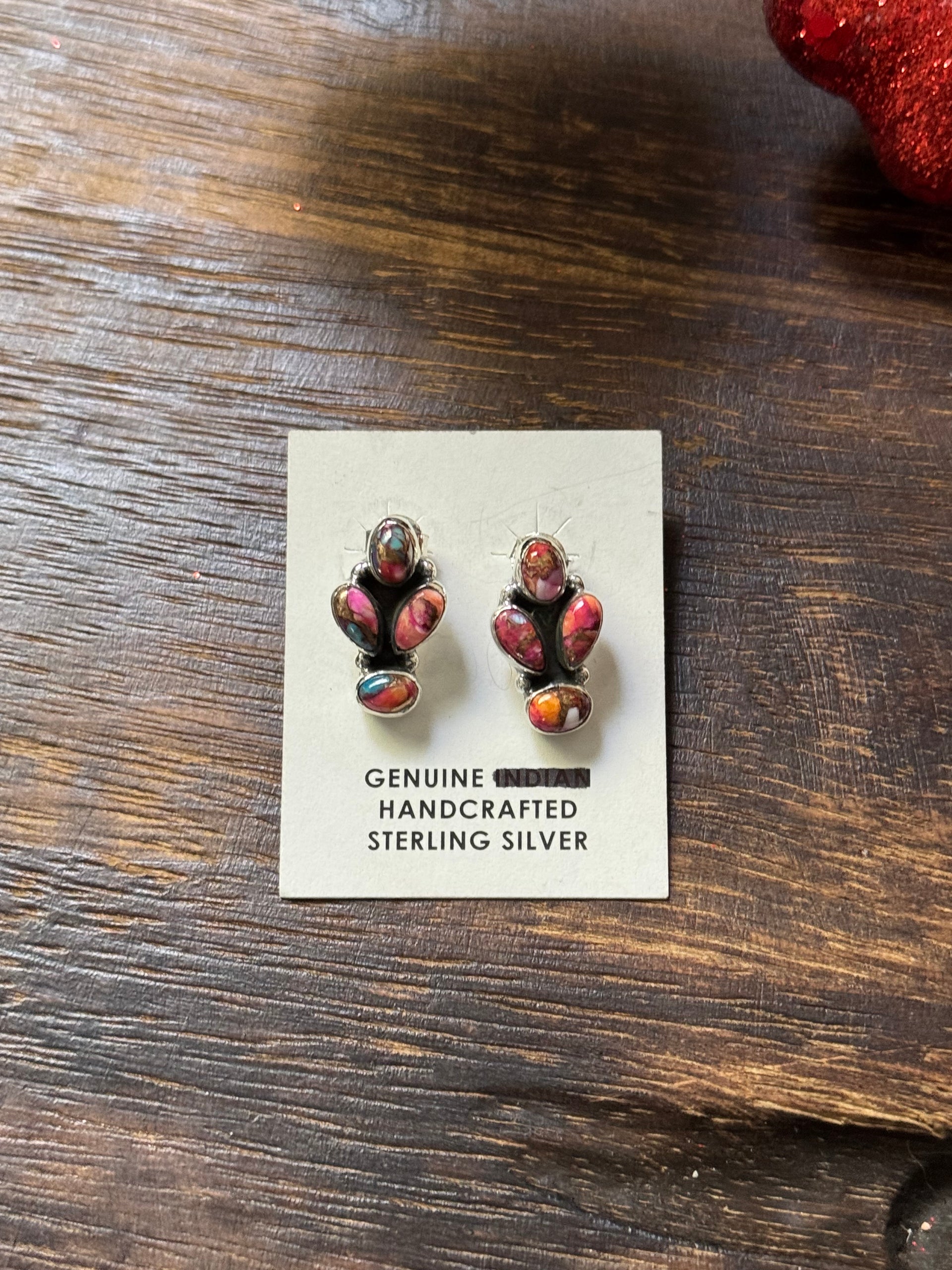 Southwest Handmade Pink Mohave Turquoise & Sterling Silver Post Cluster Earrings