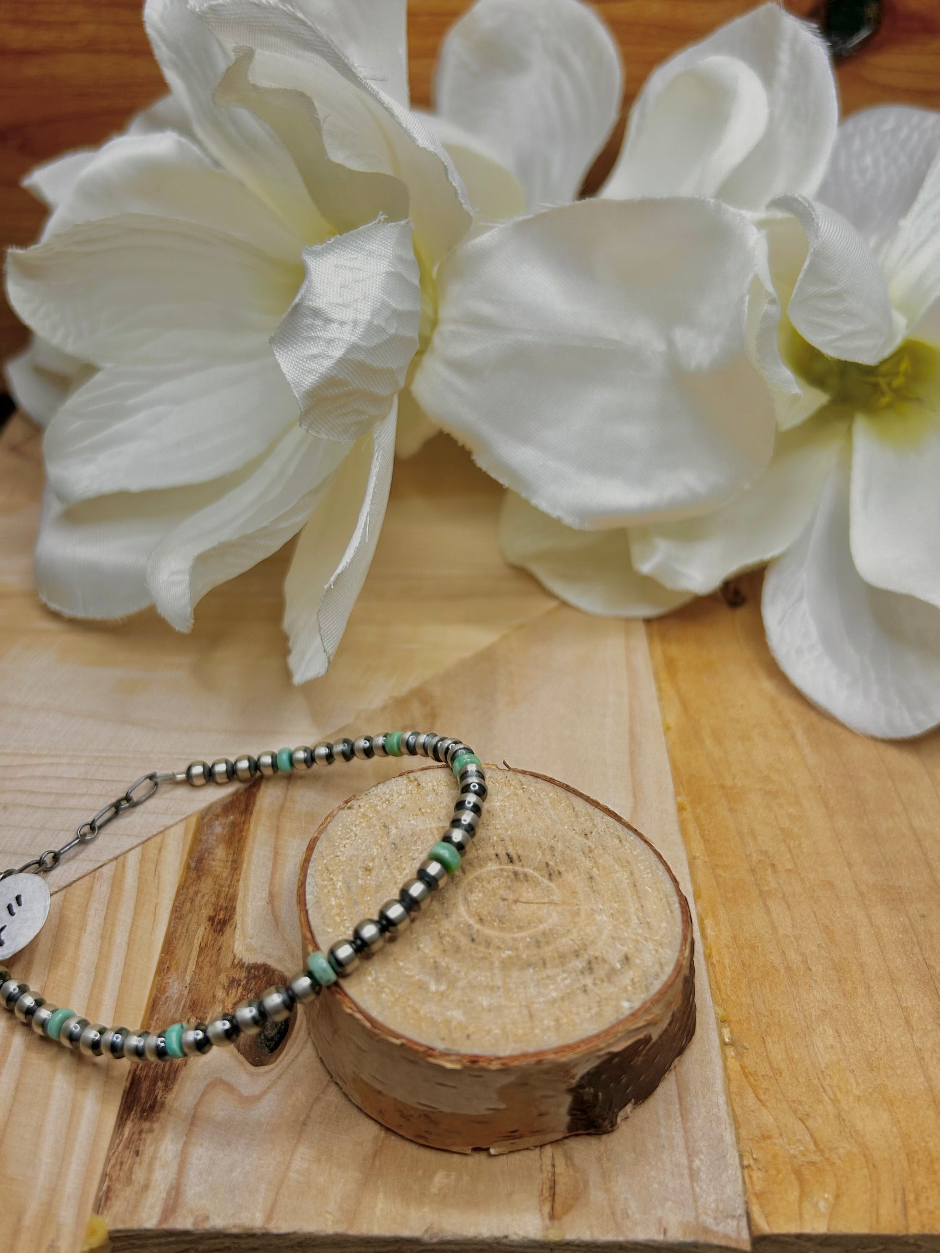 Navajo Made Kingman Turquoise & Sterling Silver Strung Bracelet