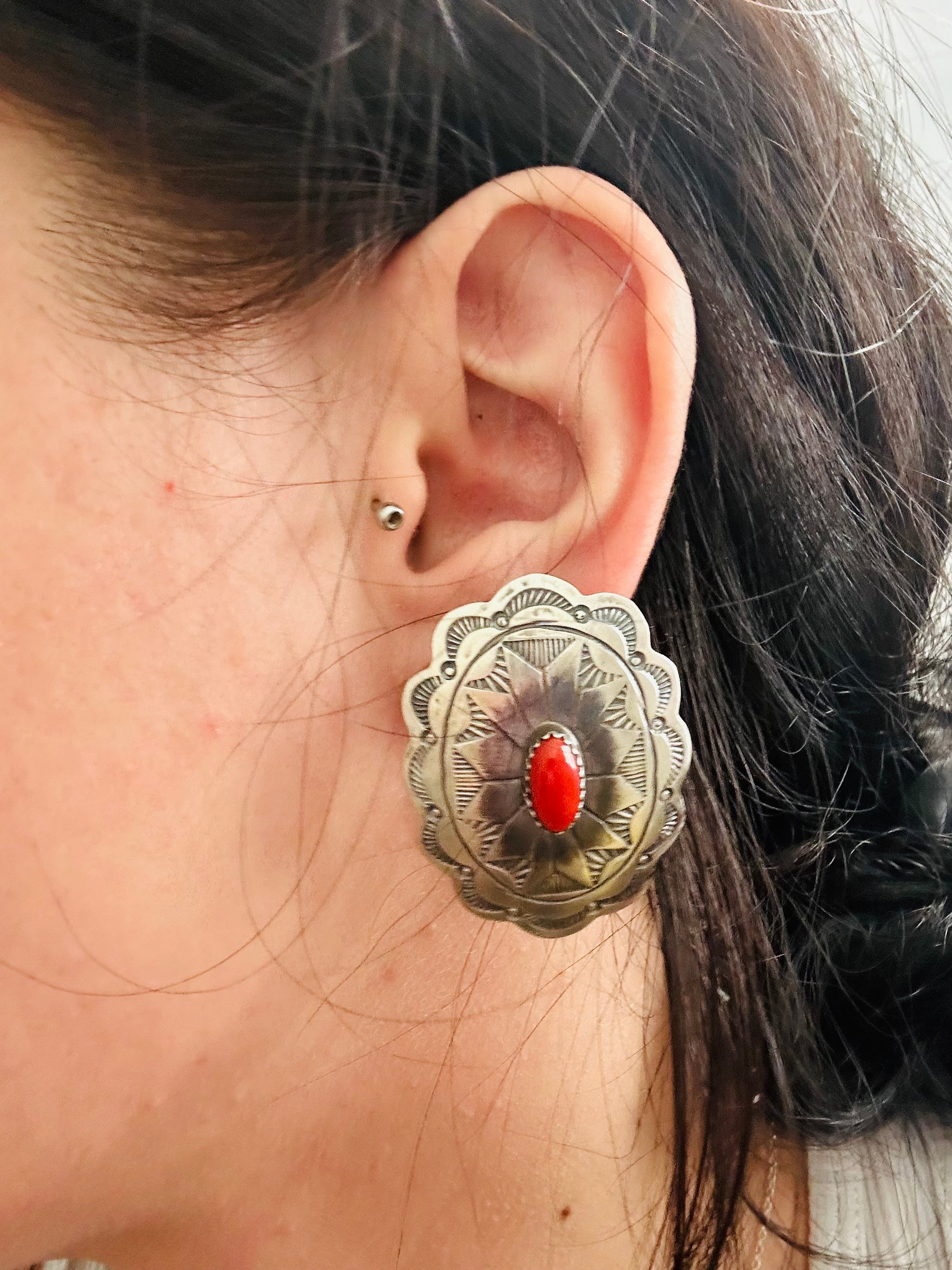 Navajo Made Coral & Sterling Silver Post Earrings