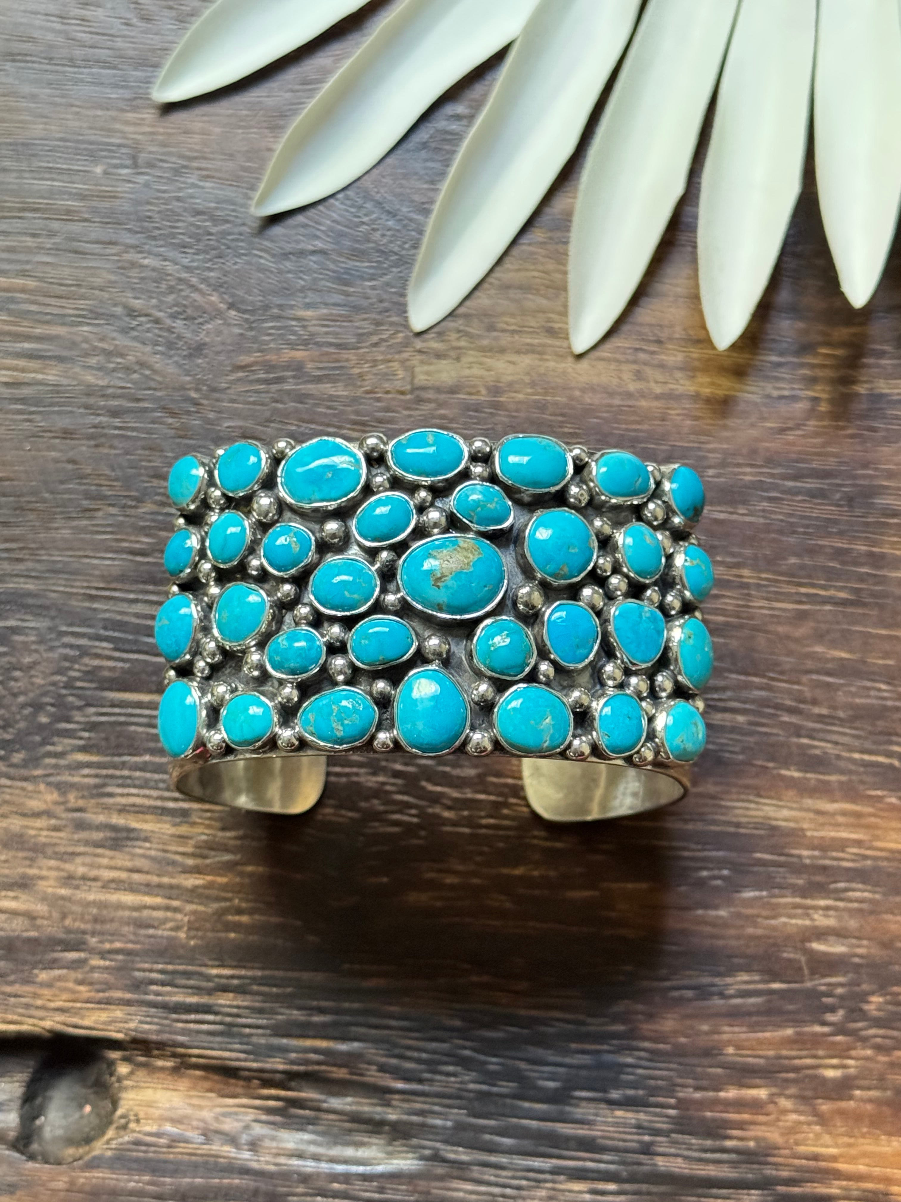 Larry Kaye Kingman Turquoise & Sterling Silver Cluster Cuff Bracelet