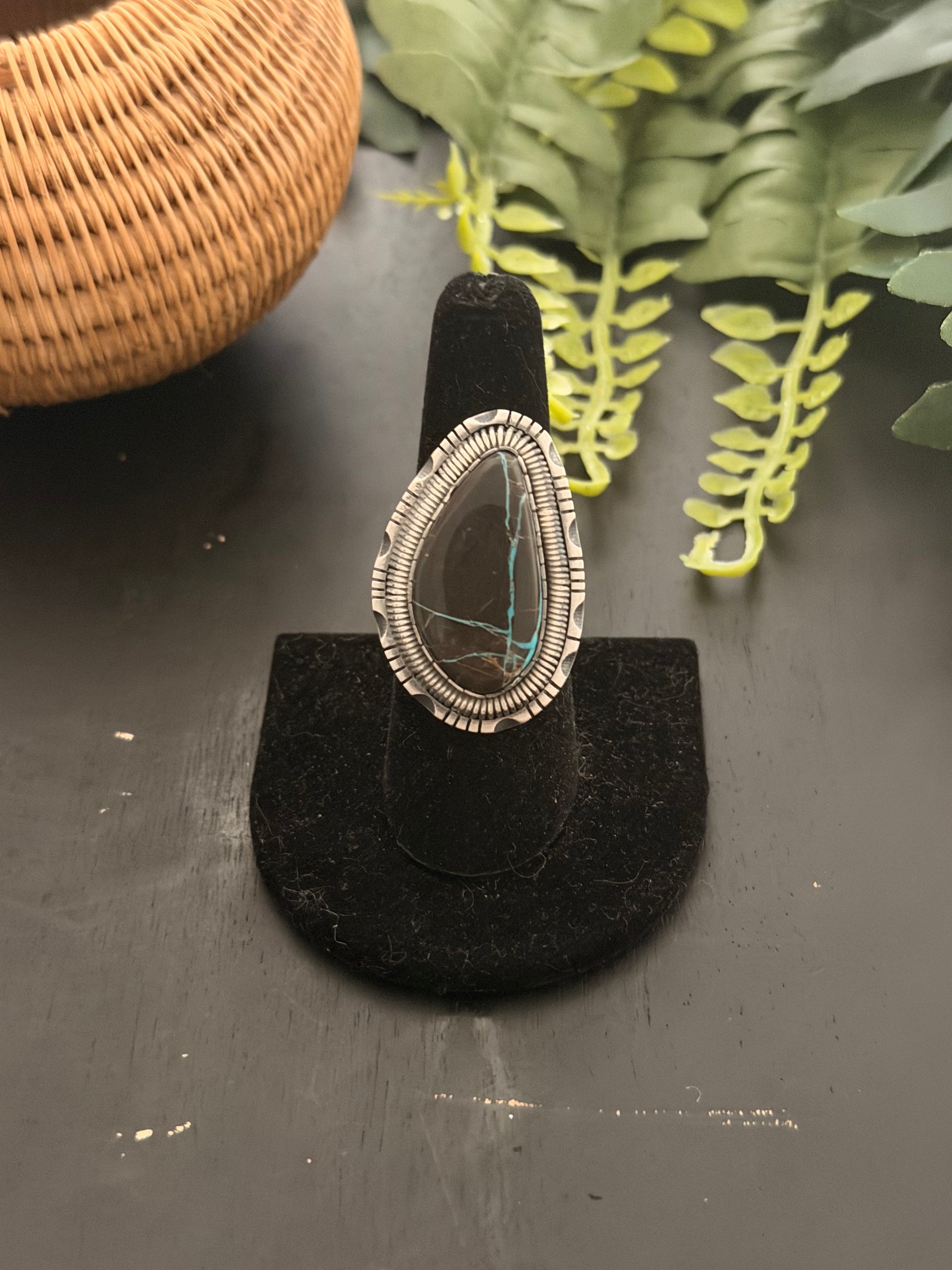Walker Vandever Black Jack Turquoise & Sterling Silver Ring Size 8.5