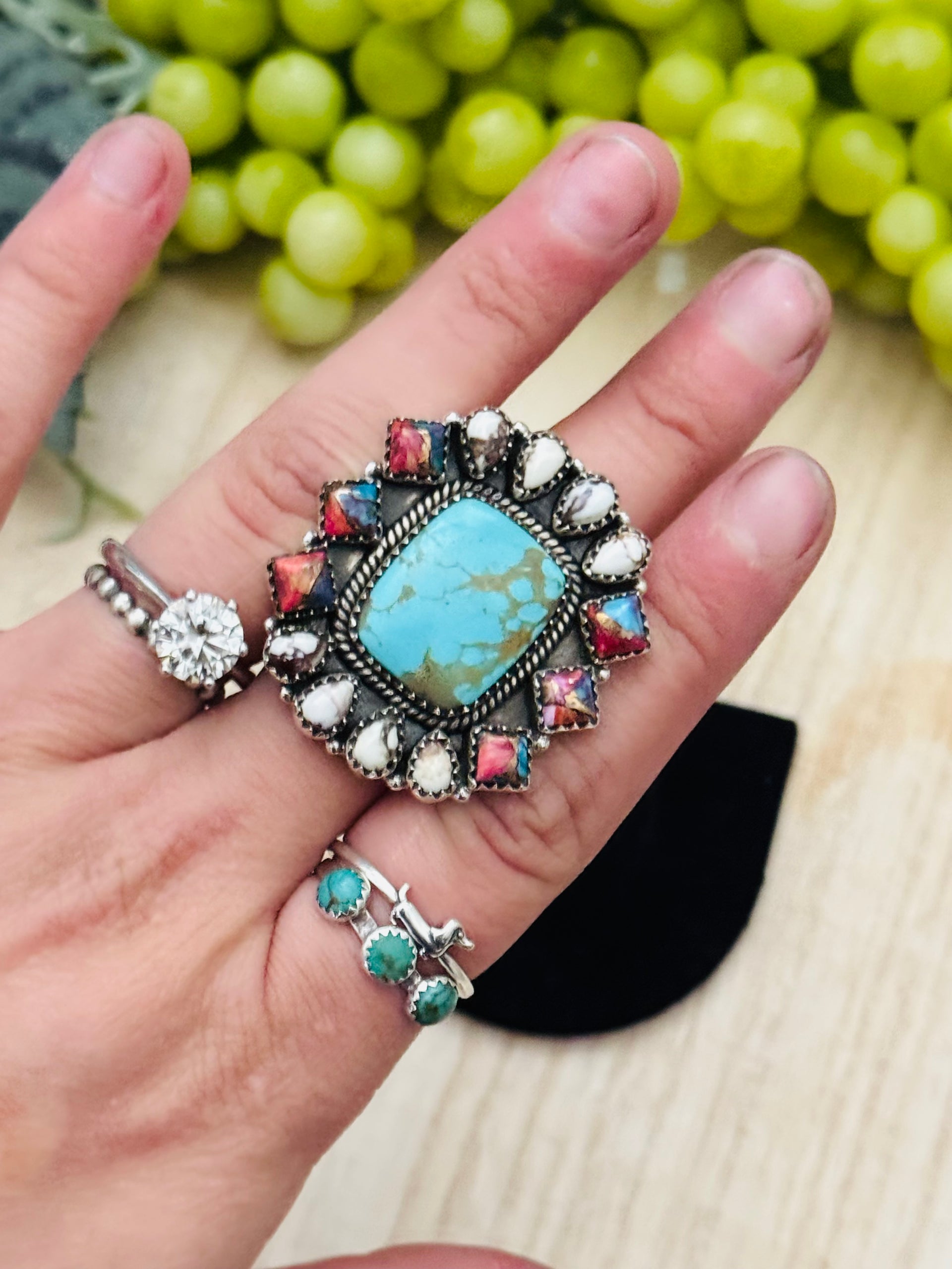 Southwest Handmade Multi Stone & Sterling Silver Adjustable Cluster Ring