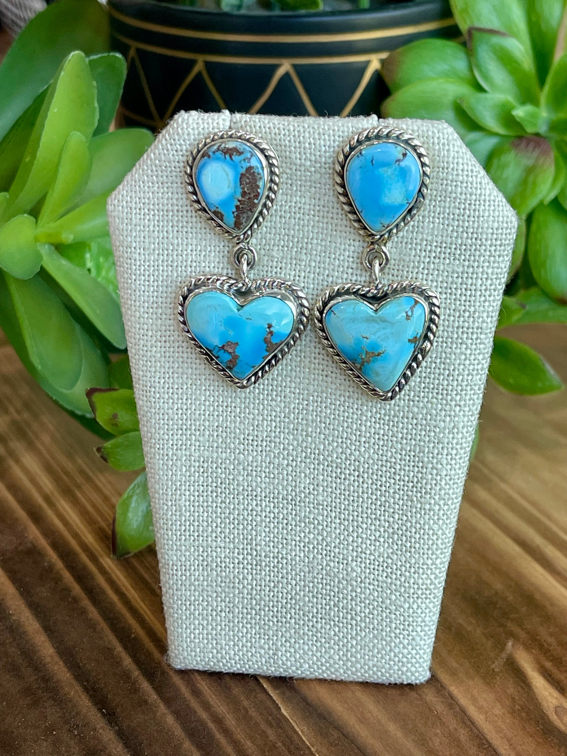 Southwest Handmade Golden Hills Turquoise & Sterling Silver Post Dangle Heart Earrings
