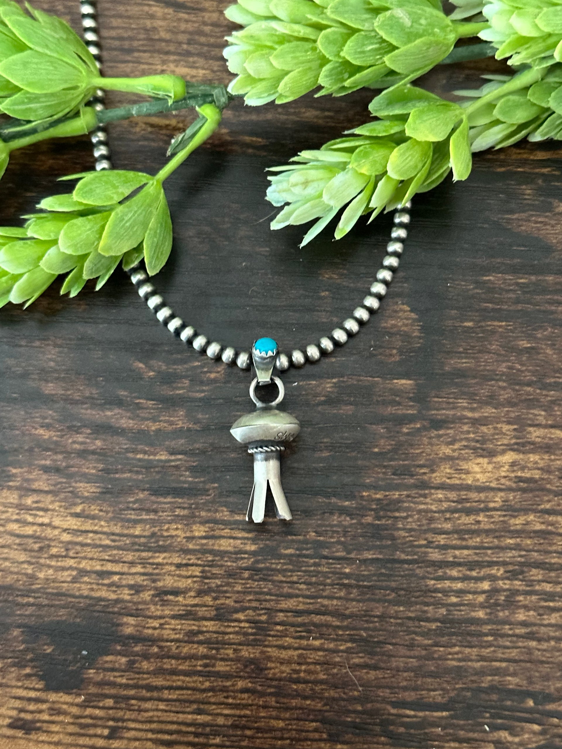 Navajo Made Kingman Turquoise & Sterling Silver Blossom Pendant