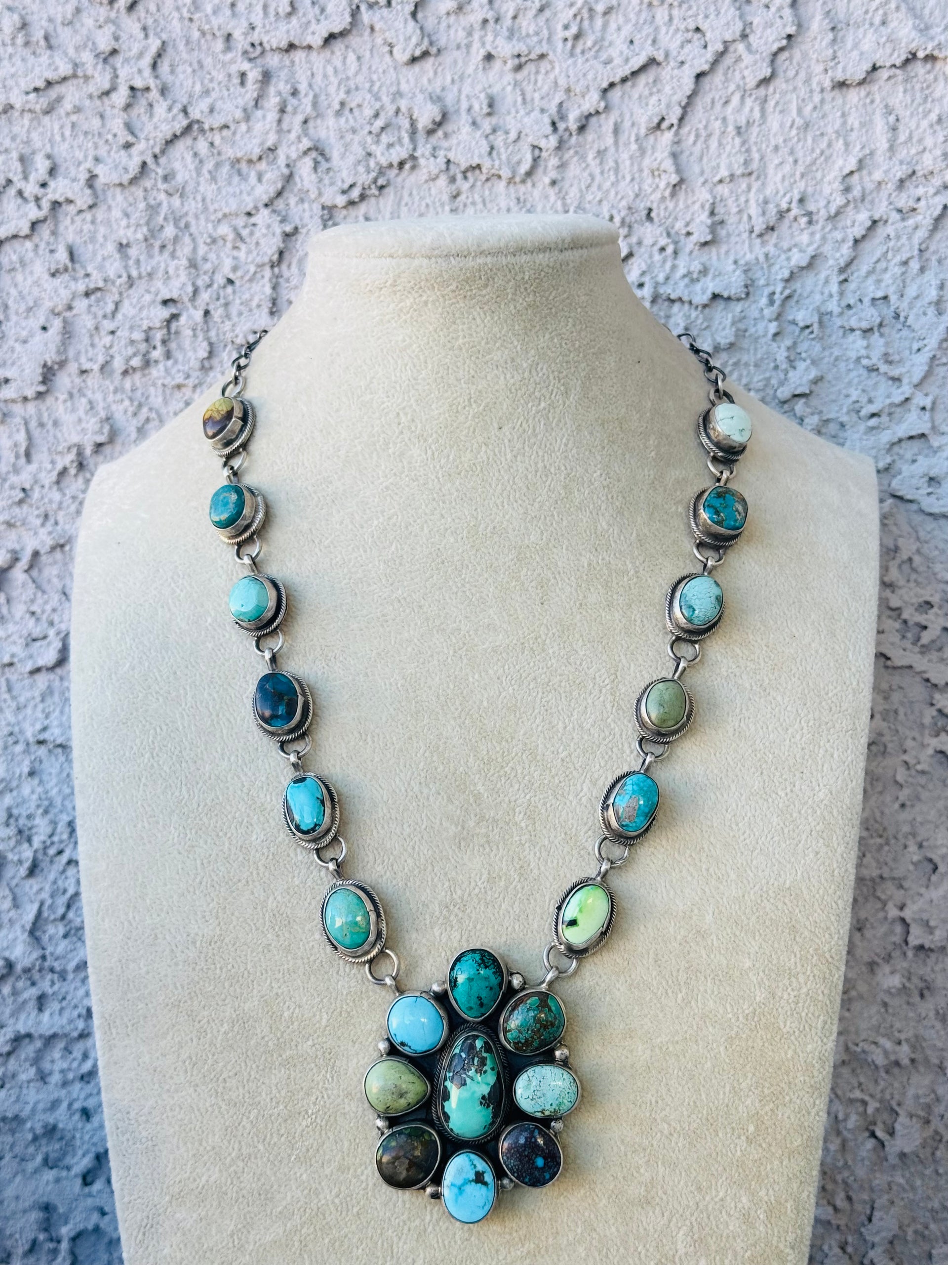 Navajo Made Multi Turquoise & Sterling Silver Cluster Necklace Set
