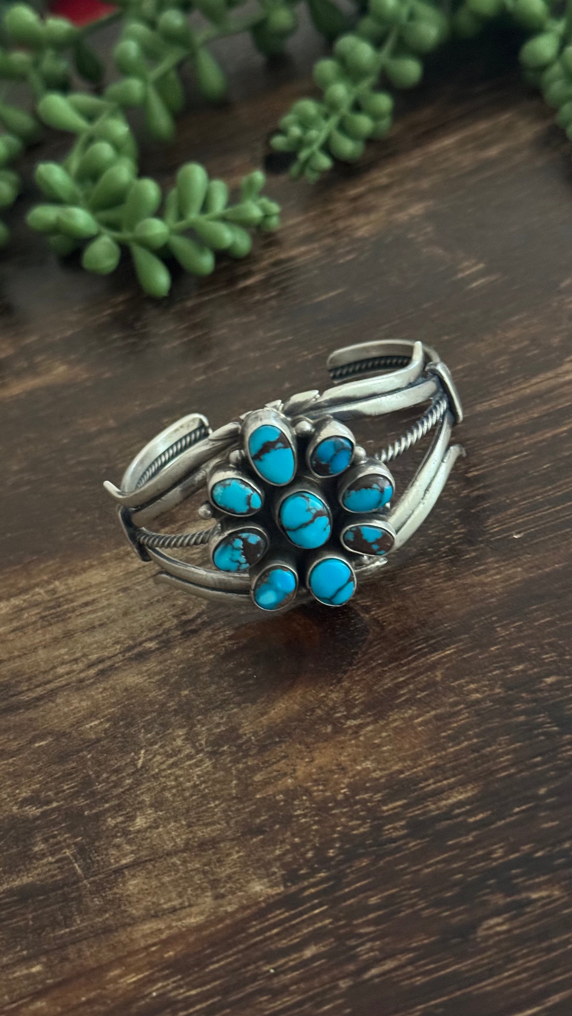 Mark Yazzie Egyptian Turquoise & Sterling Silver Cluster Cuff Bracelet