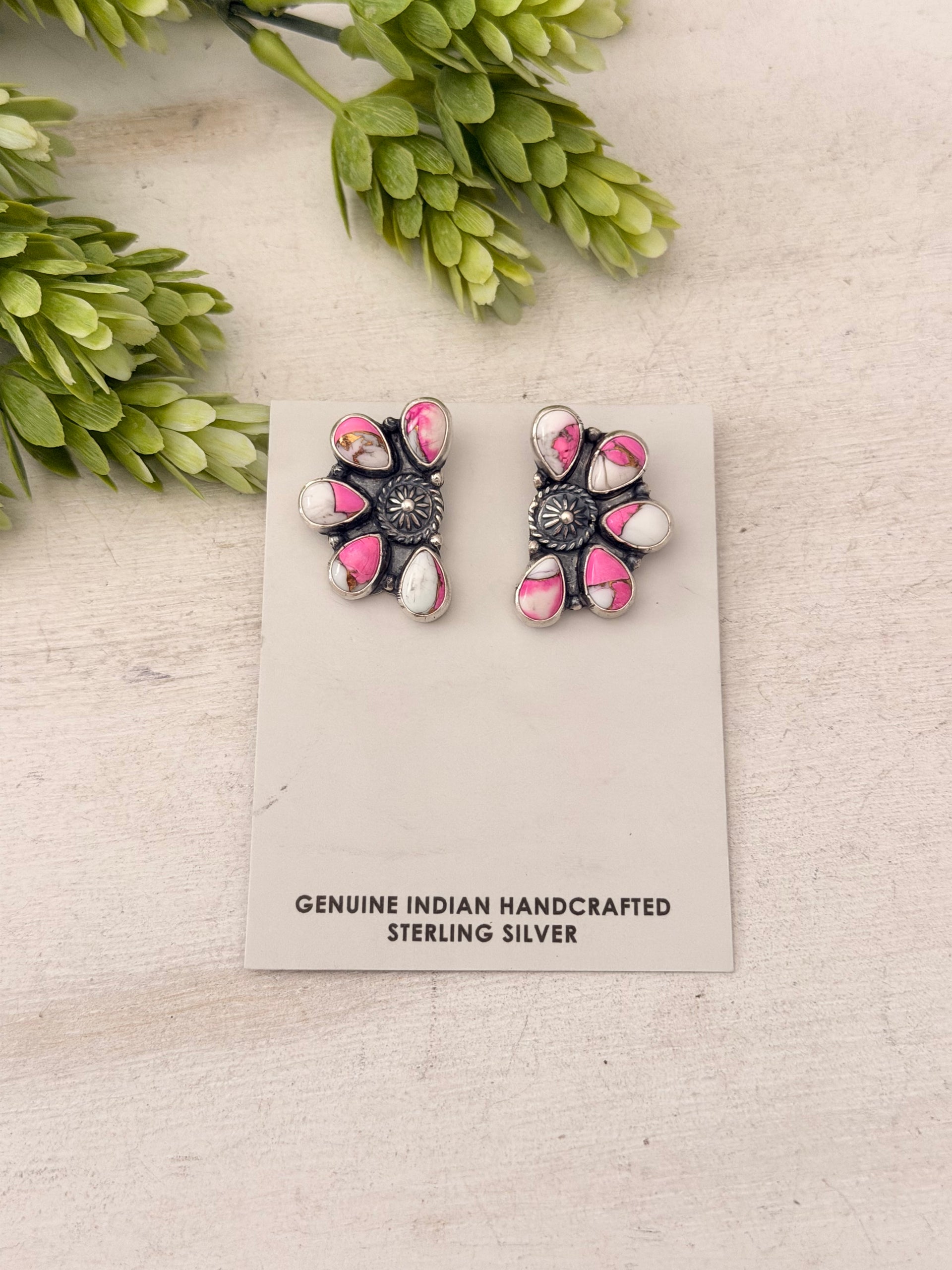 Navajo Made Cotton Candy Dahlia & Sterling Silver Post Cluster Earrings