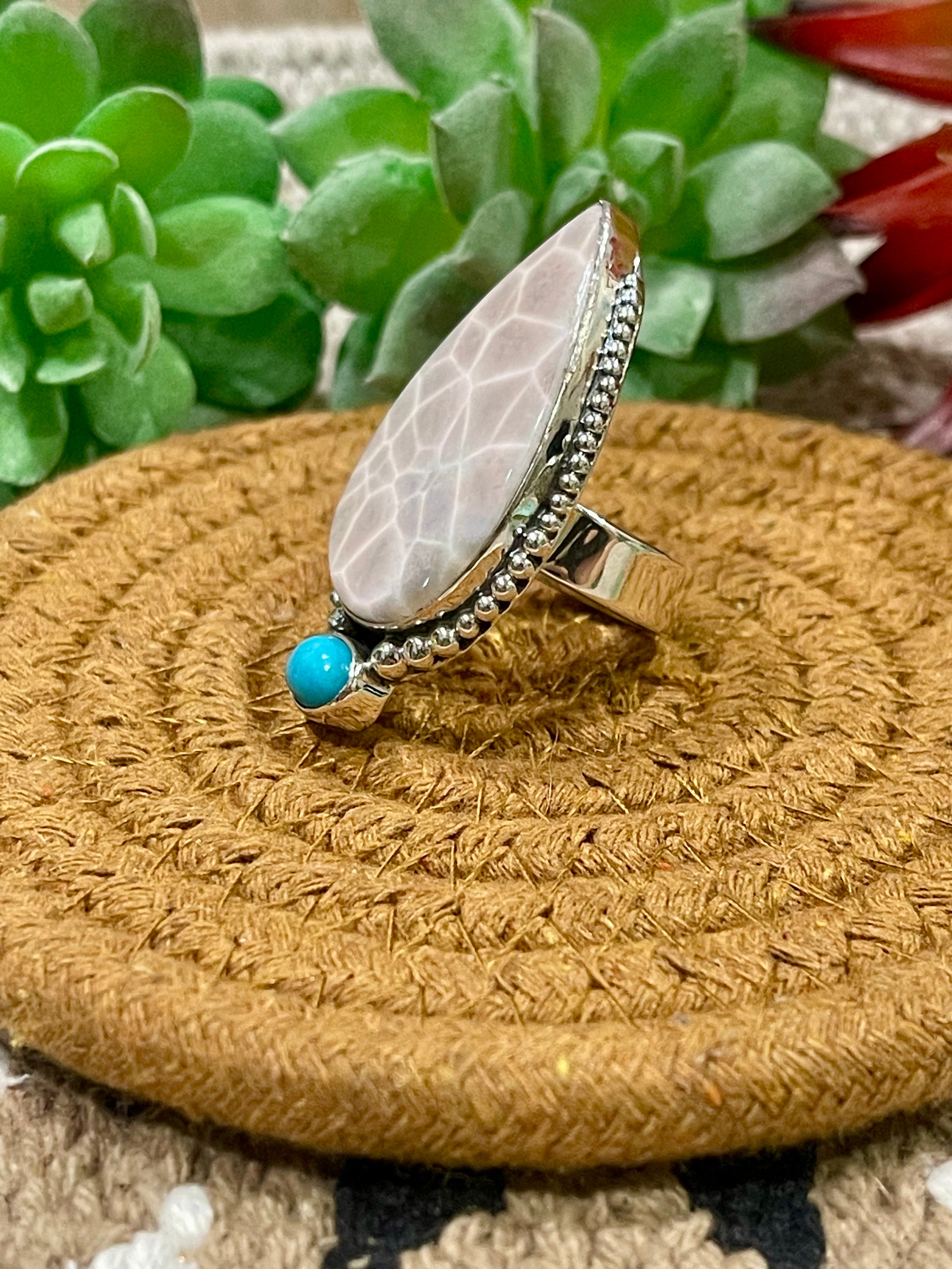 Southwest Handmade Pink Larimar With Kingman Turquoise & Sterling Silver Adjustable Ring