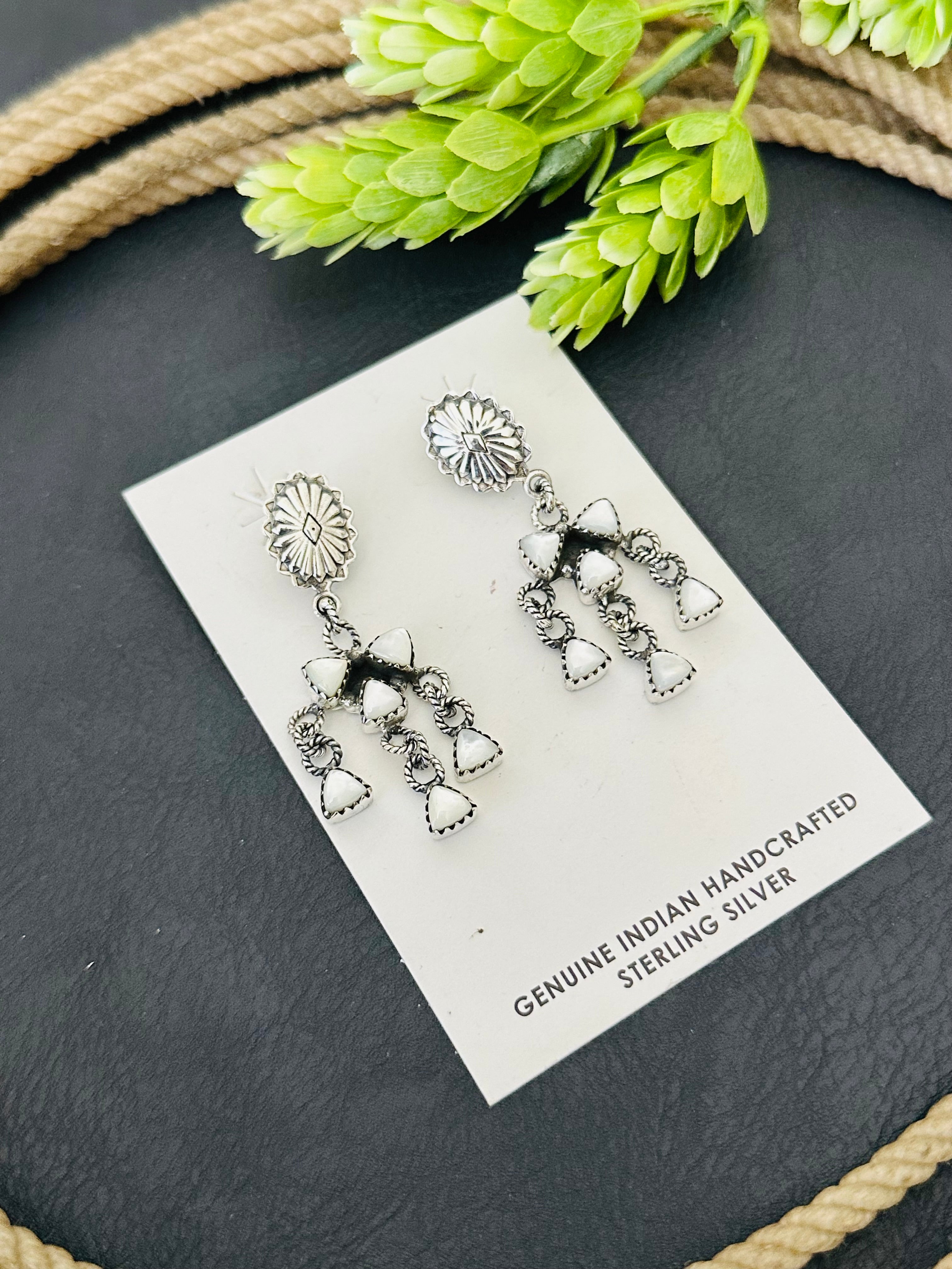 Southwest Handmade Mother of Pearl & Sterling Silver Post Dangle Earrings