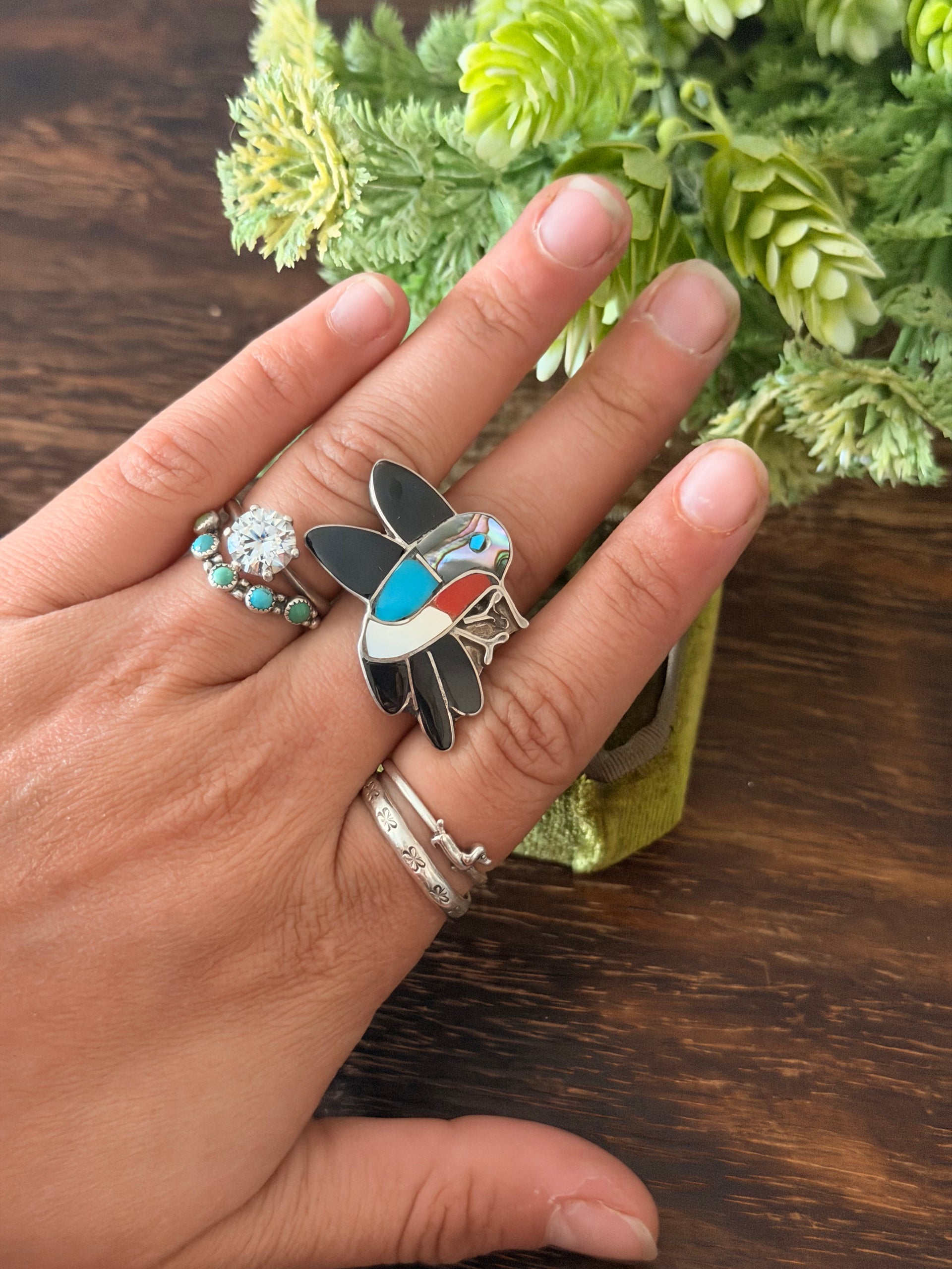 Zuni Made Multi Stone & Sterling Silver Inlay Hummingbird Ring Size 9.5
