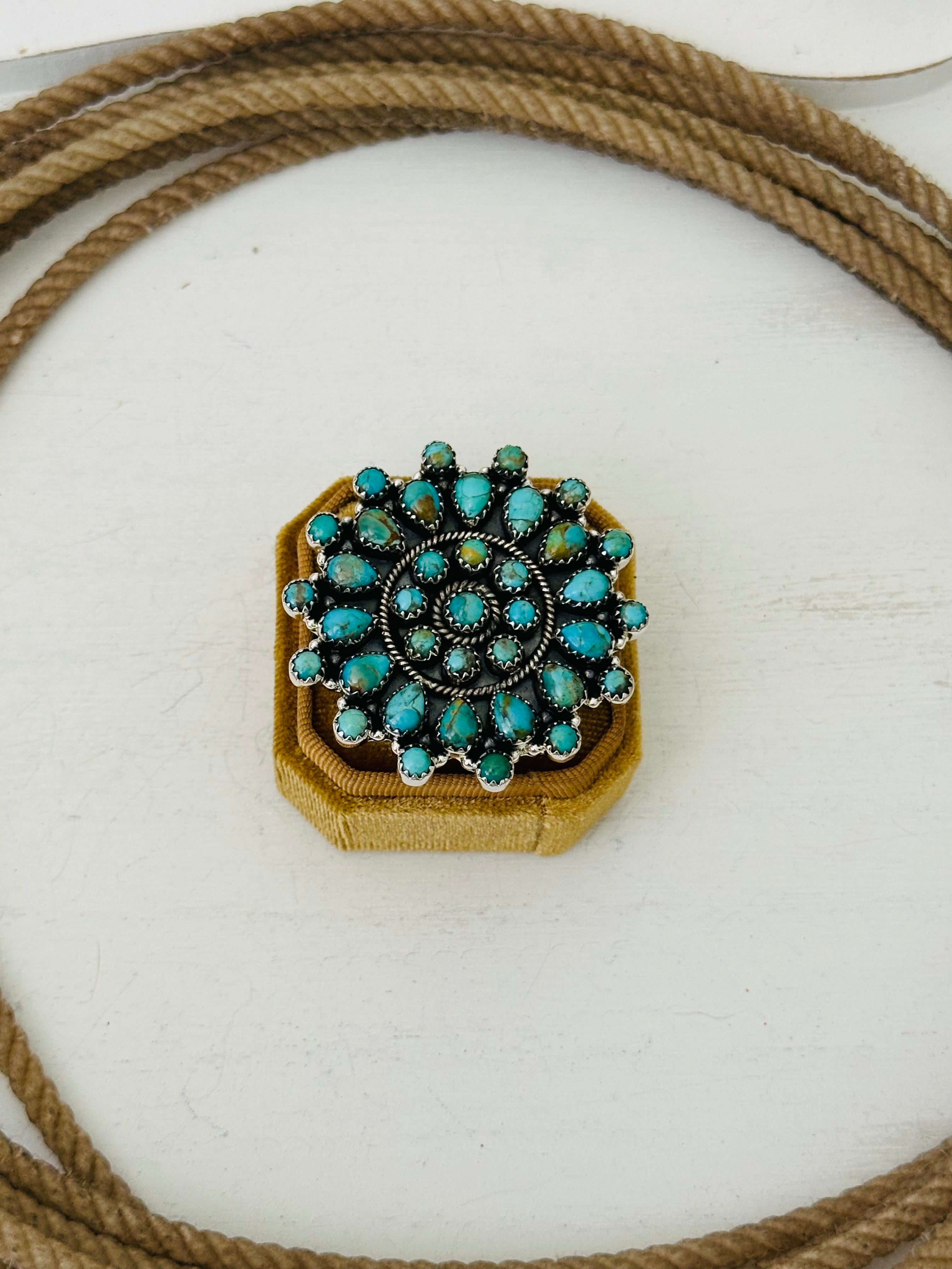 Southwest Handmade Kingman Turquoise & Sterling Silver Adjustable Cluster Ring