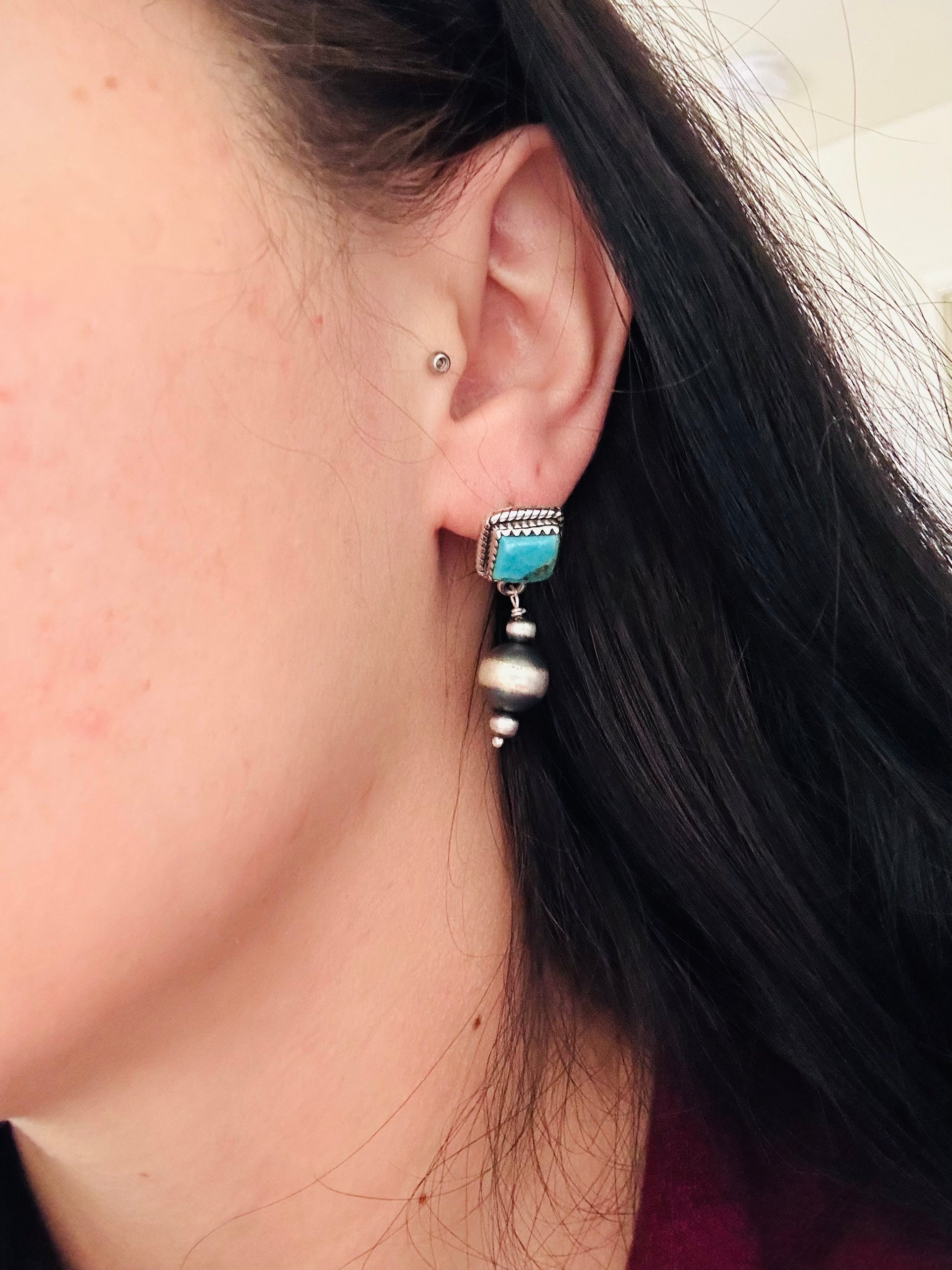 Southwest Handmade Kingman Turquoise & Sterling Silver Post Dangle Earrings