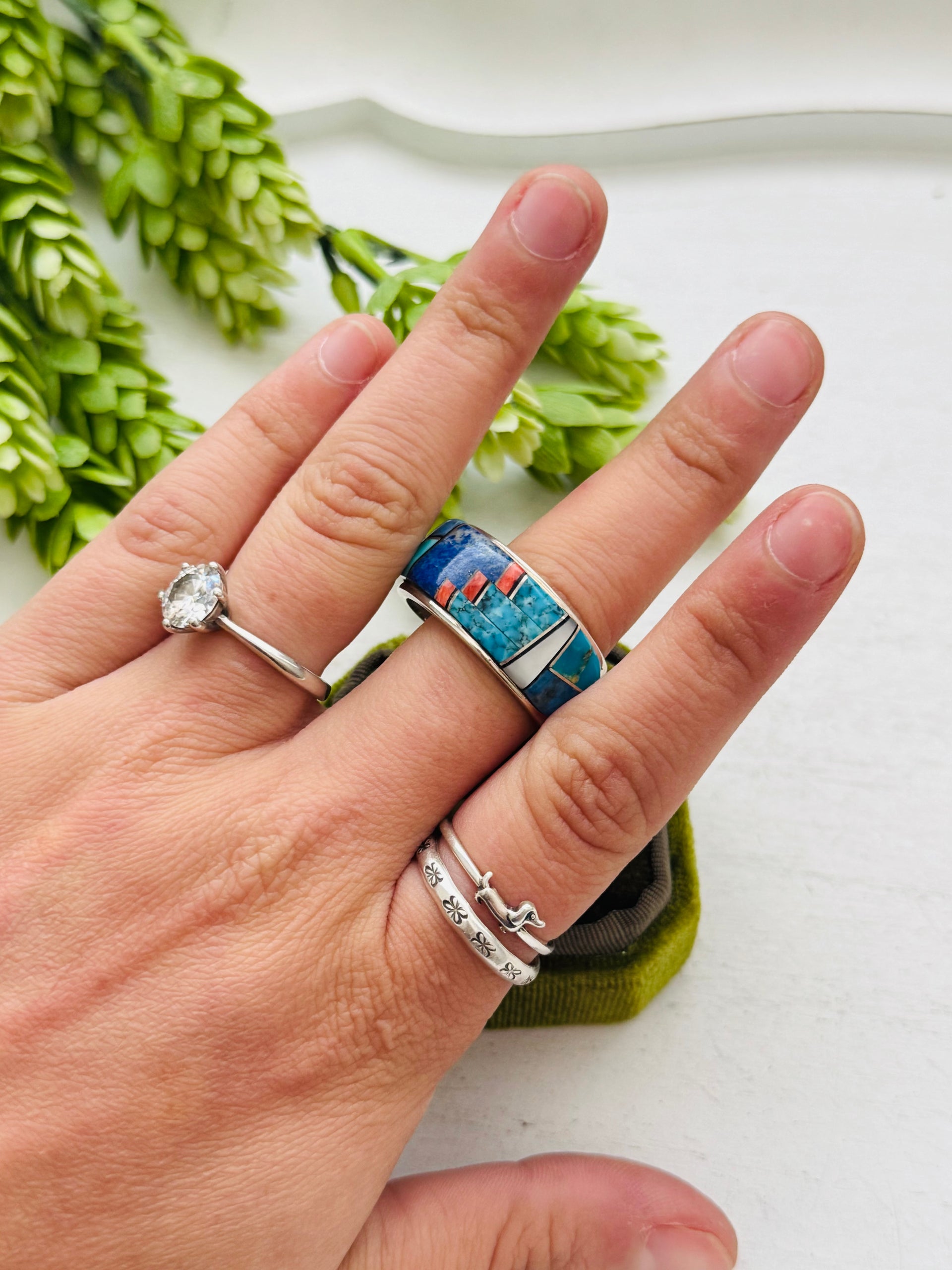 Eugene Chee Multi Stone & Sterling Silver Inlay Ring Size 12