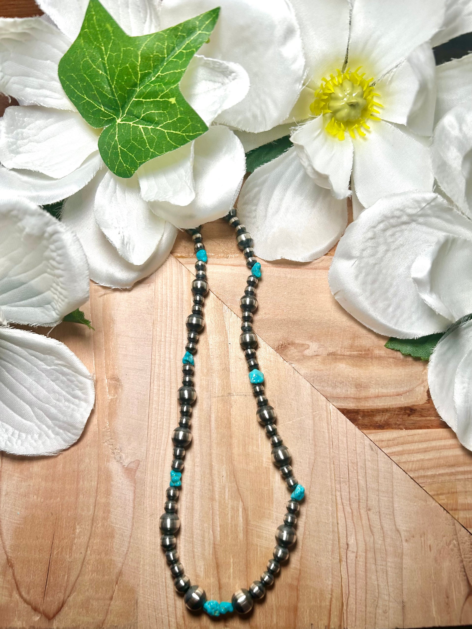 Navajo Made Strung Kingman Turquoise & Sterling Silver Necklace