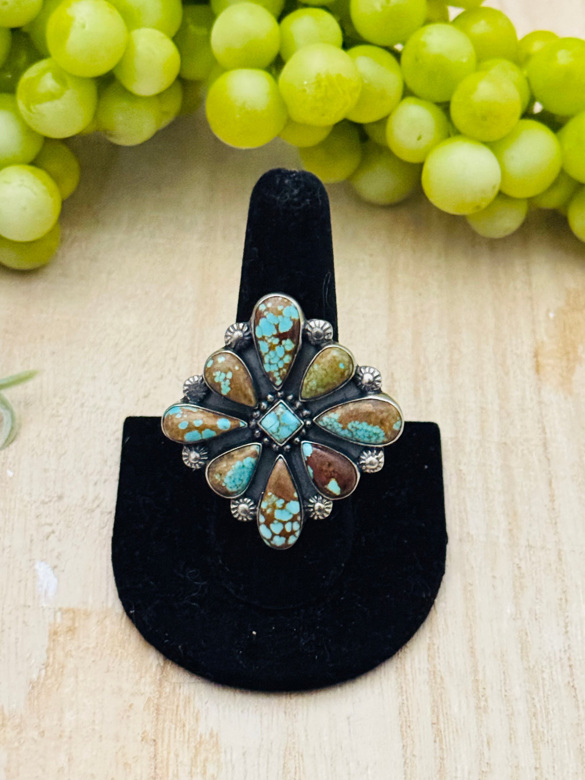 Southwest Handmade Number 8 Turquoise & Sterling Silver Adjustable Cluster Ring