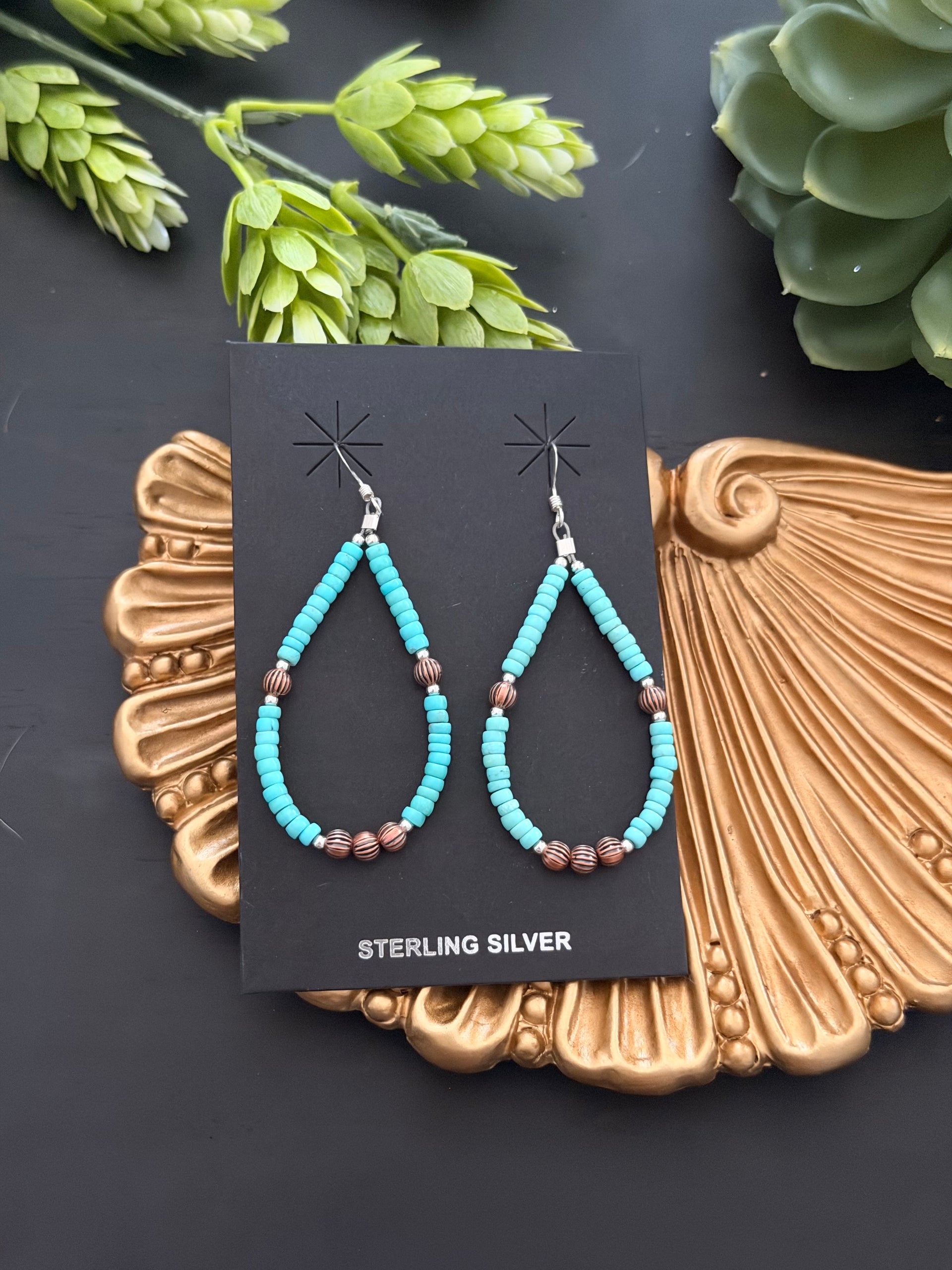 Navajo Strung Campitos Turquoise & Copper Graduated Machine Made Pearls Dangle Earrings