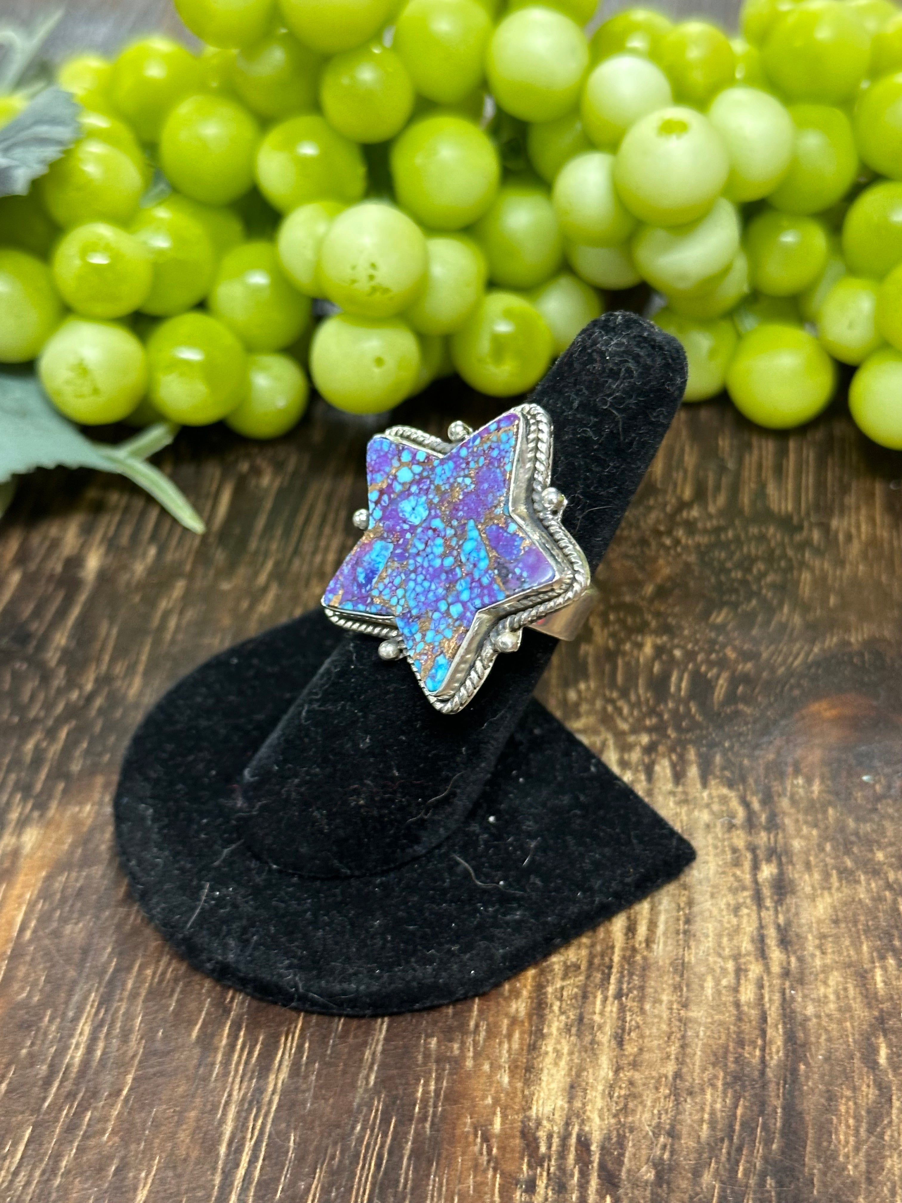 Southwest Handmade Mohave Turquoise & Sterling Silver Adjustable Star Ring