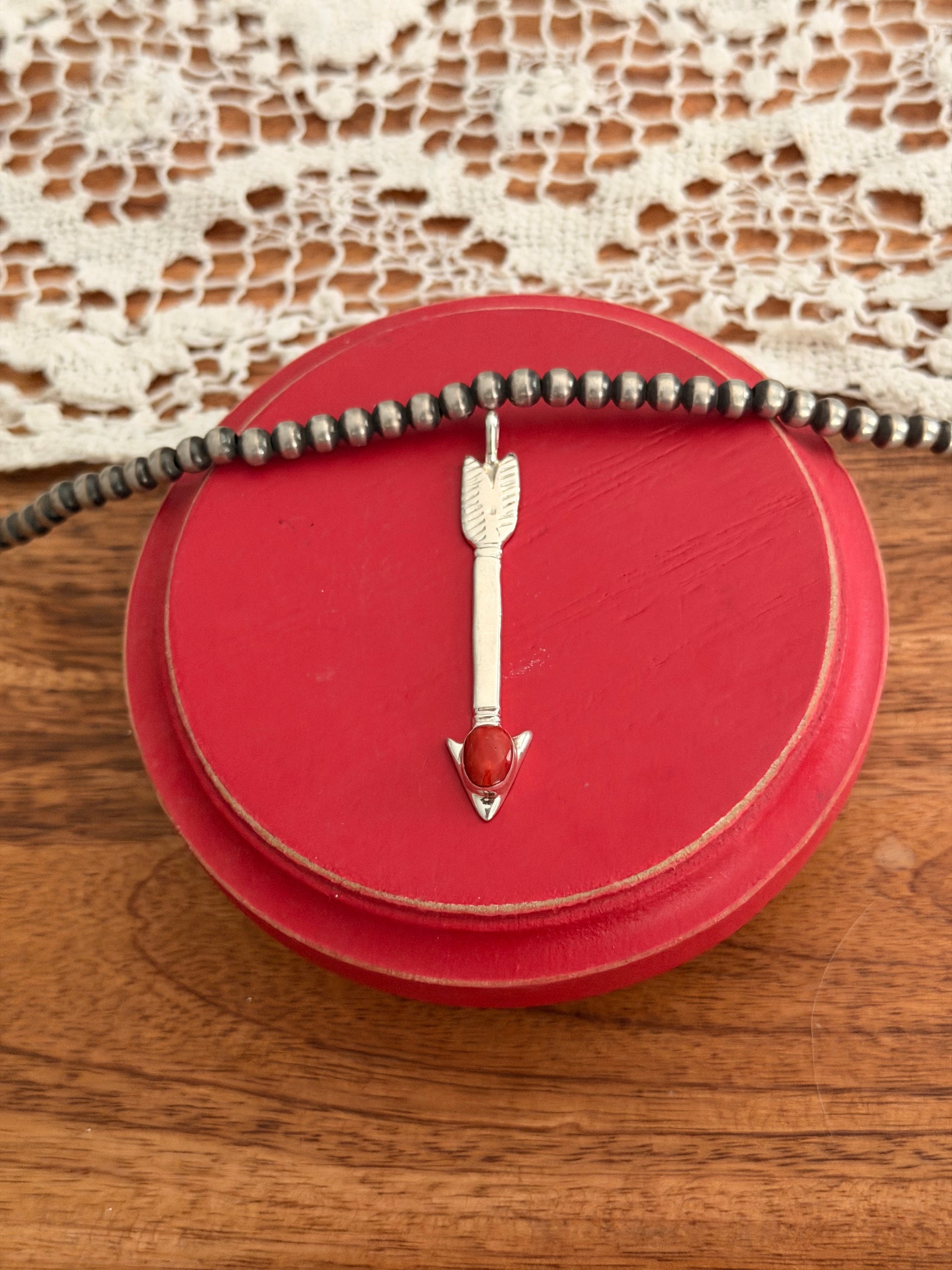 Navajo Made Coral & Sterling Silver Pendant
