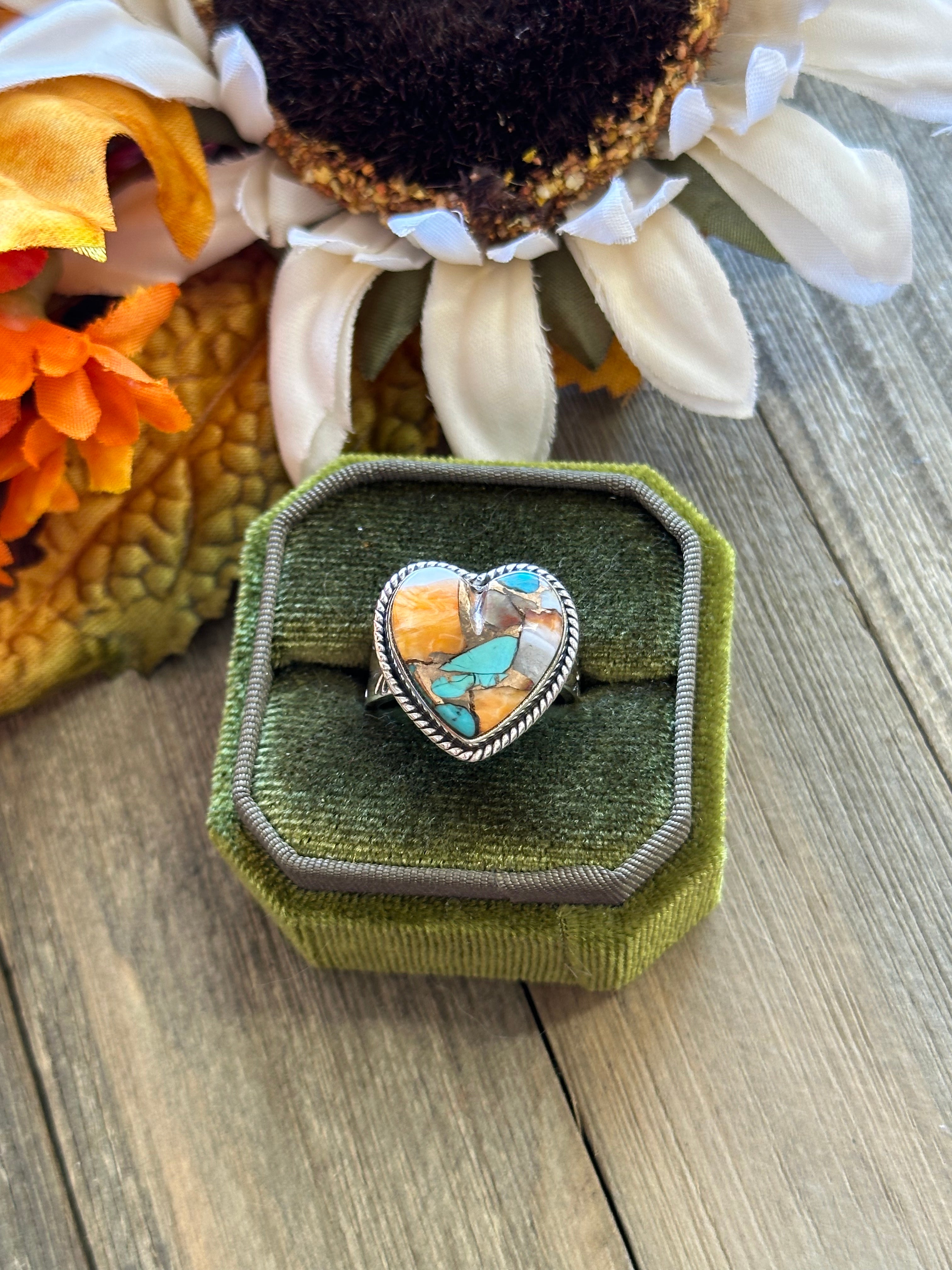 Southwest Handmade Mohave Turquoise & Sterling Silver Adjustable Heart Ring