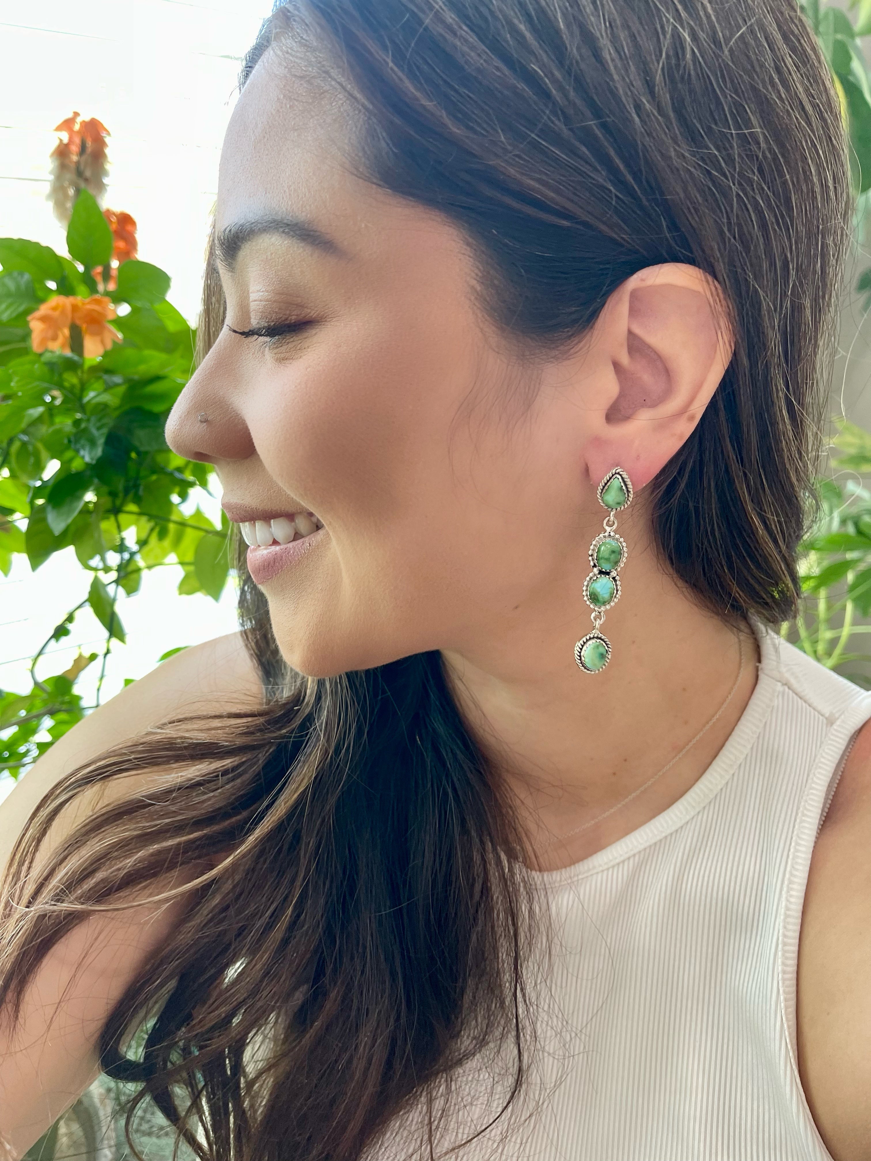 Southwest Handmade Sonoran Mountain Turquoise & Sterling Silver Post Dangle Earrings