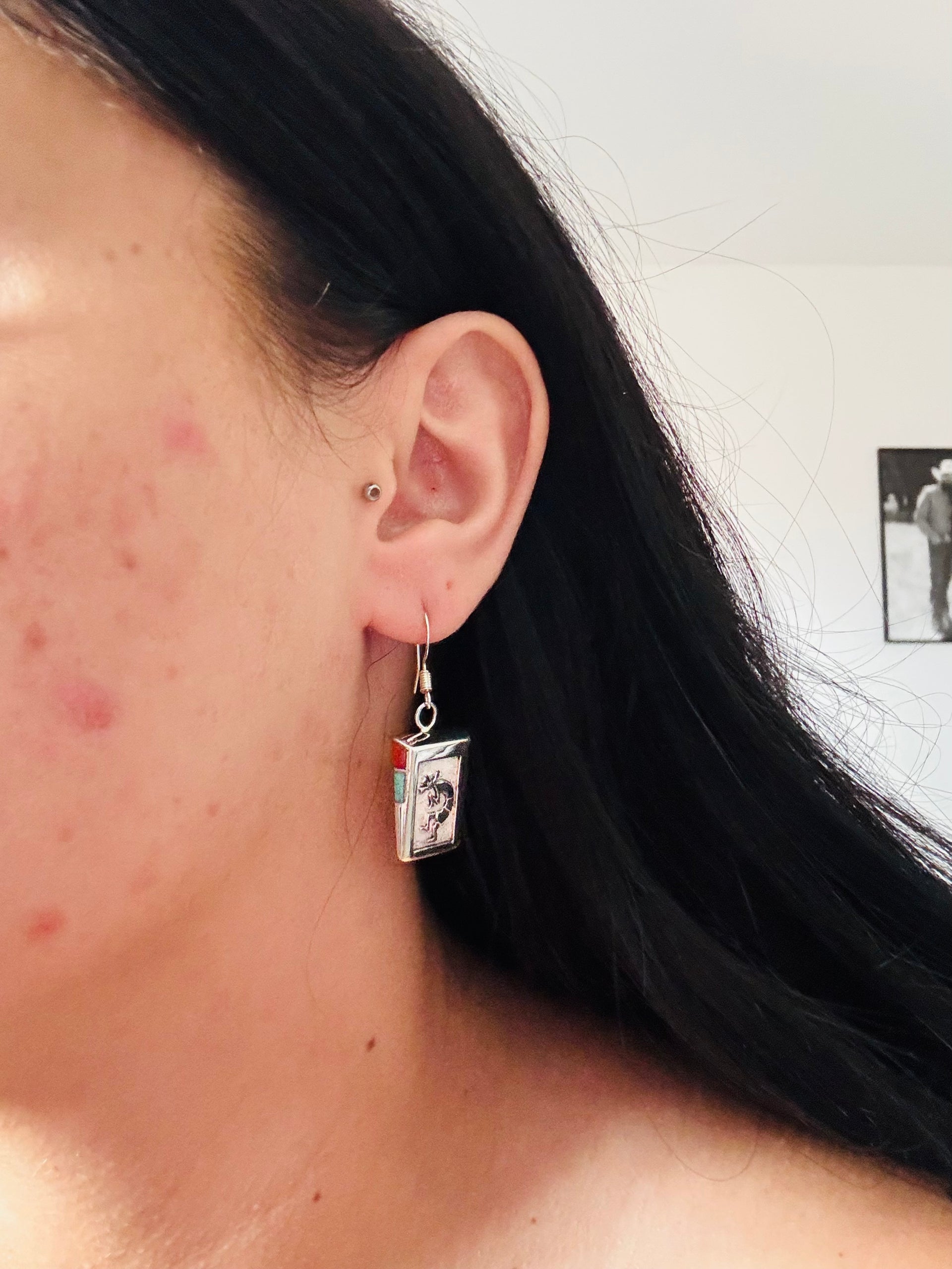 Navajo Made Multi Stone & Sterling Silver Inlay Kokopelli Dangle Earrings